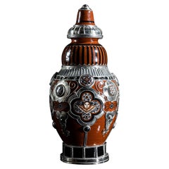 Ceramic and White Metal 'Alpaca' Jar with Hand Painted Motives
