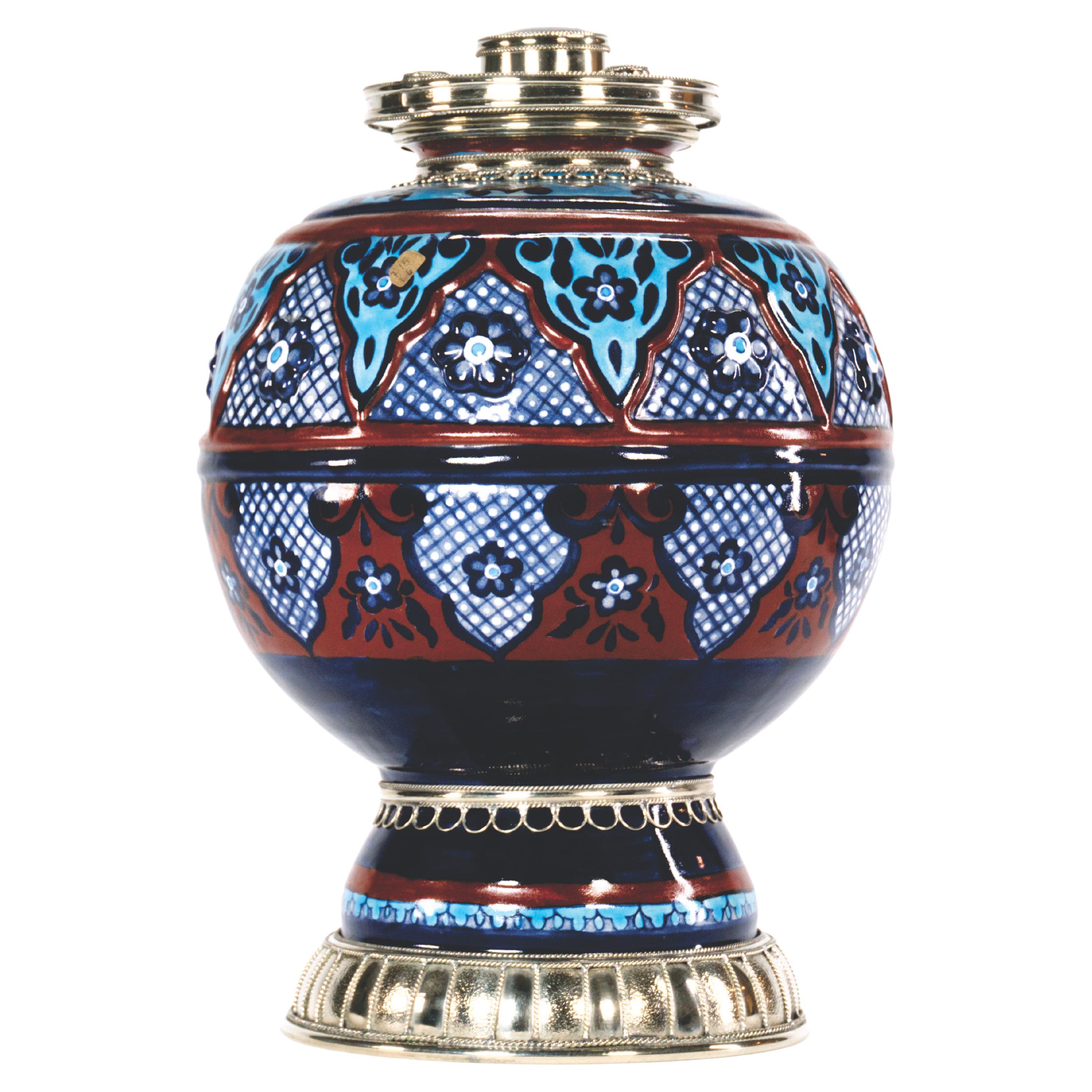 Ceramic and White Metal 
Alpaca
 Jar with Hand Painted Motives For Sale