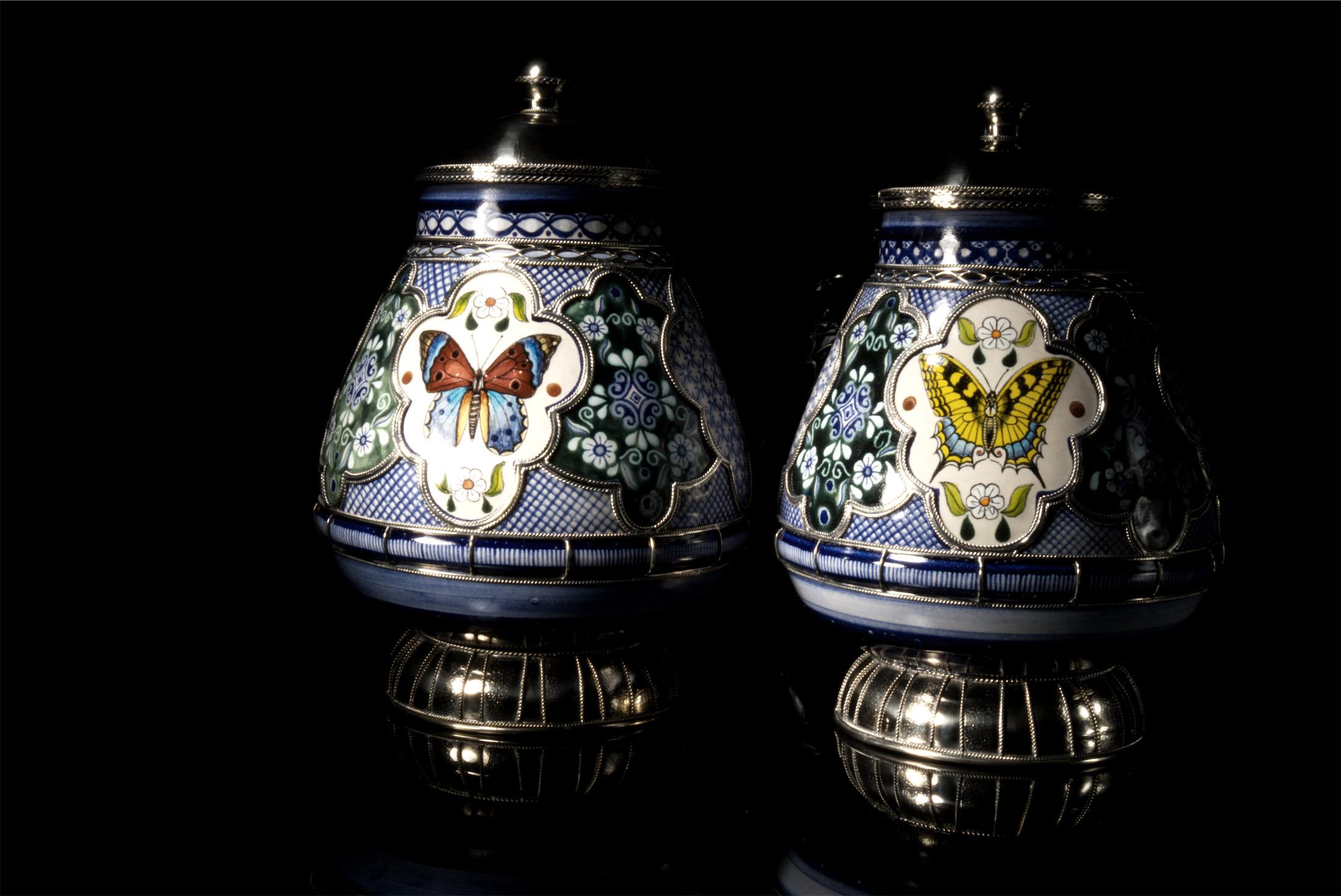 Mexican Ceramic and White Metal 'Alpaca' Jar with Hand Painted Motives Pair