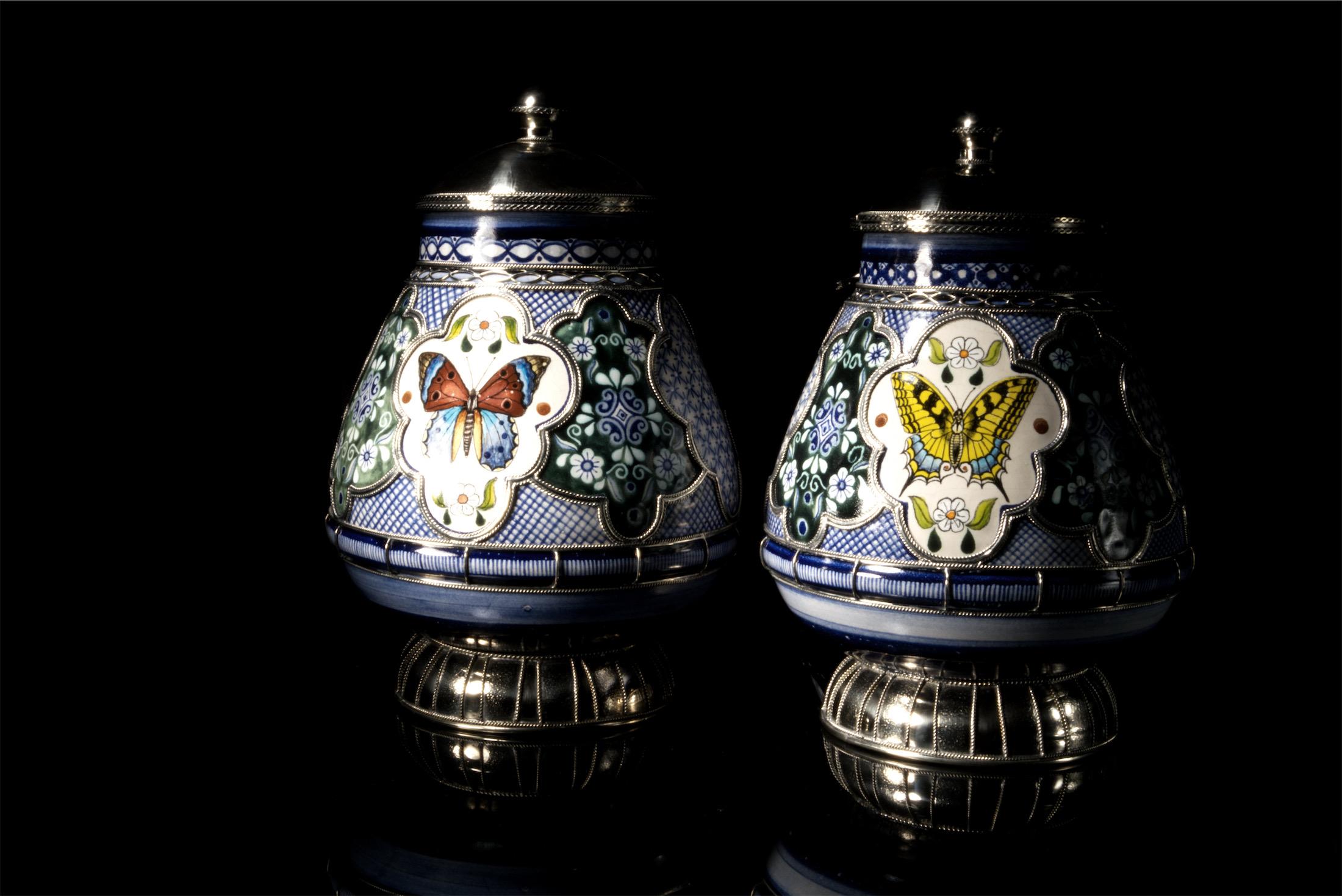 Embossed Ceramic and White Metal 'Alpaca' Jar with Hand Painted Motives Pair