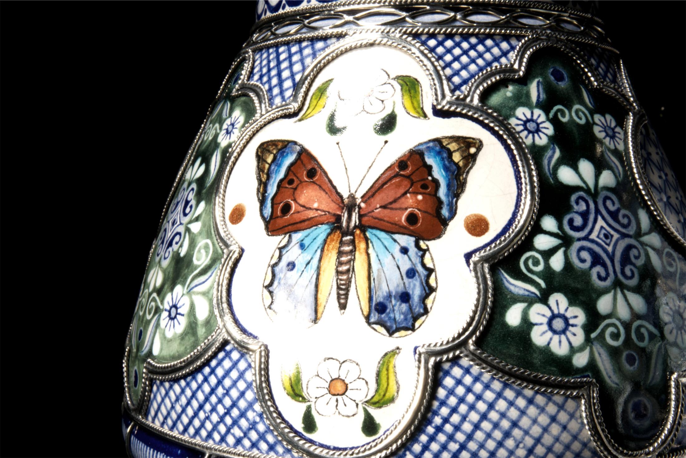 Contemporary Ceramic and White Metal 'Alpaca' Jar with Hand Painted Motives Pair