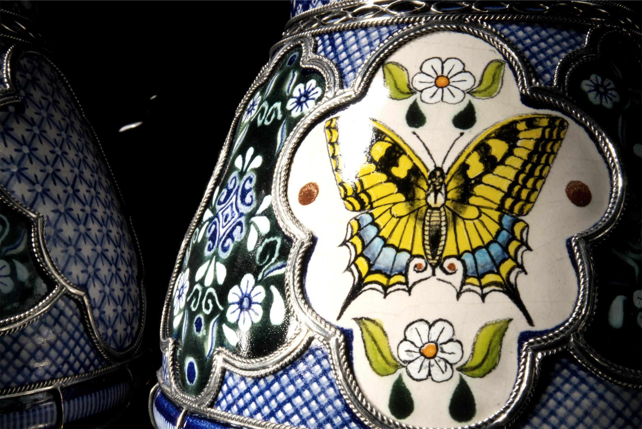 Ceramic and White Metal 'Alpaca' Jar with Hand Painted Motives Pair 1