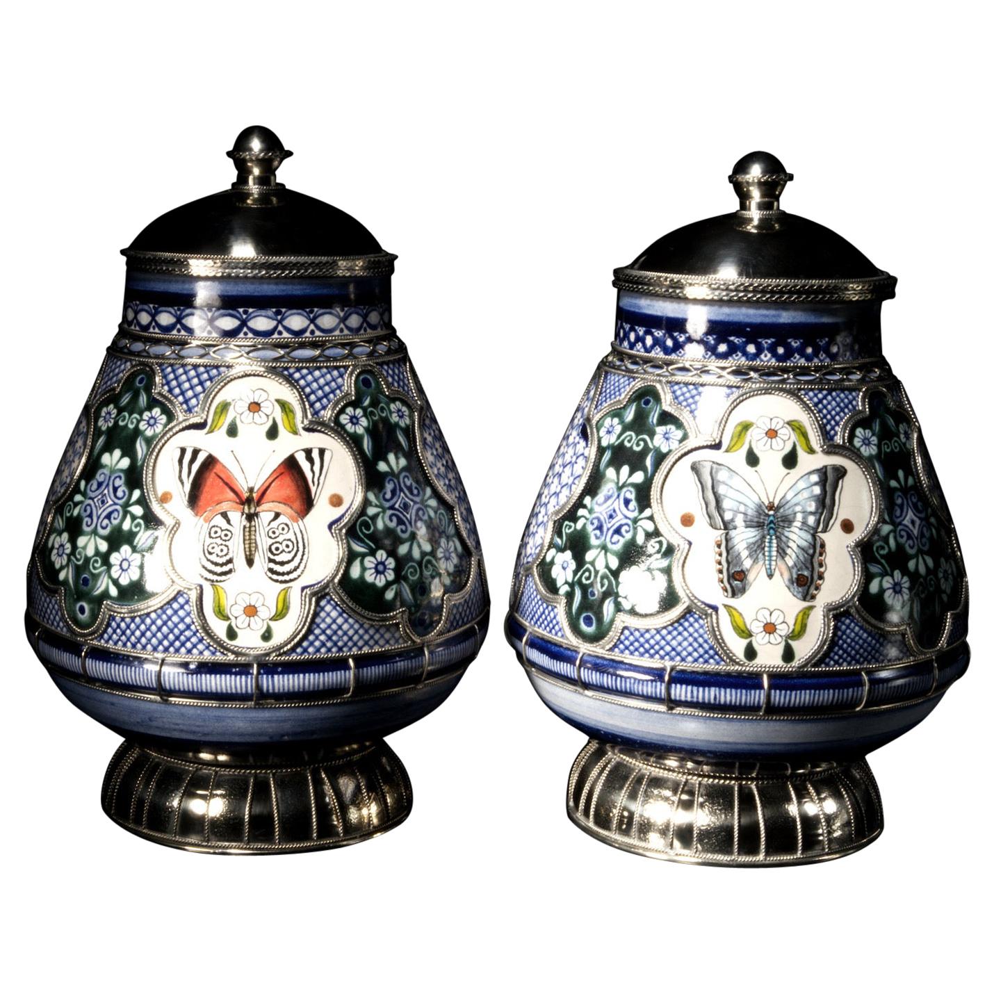 Ceramic and White Metal 'Alpaca' Jar with Hand Painted Motives Pair