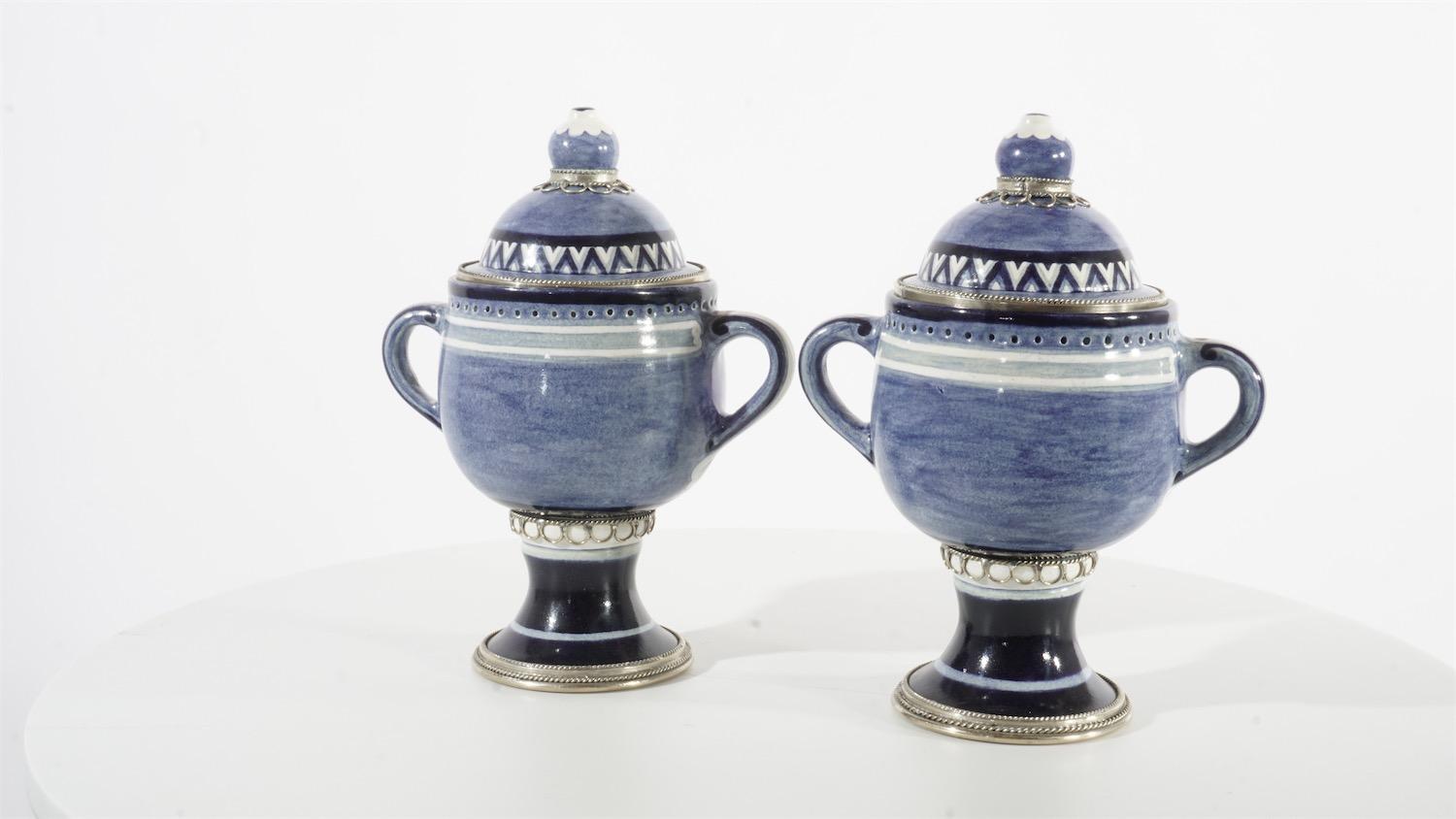 Other Ceramic and White Metal 'Alpaca' Pair of Blue and White Jars