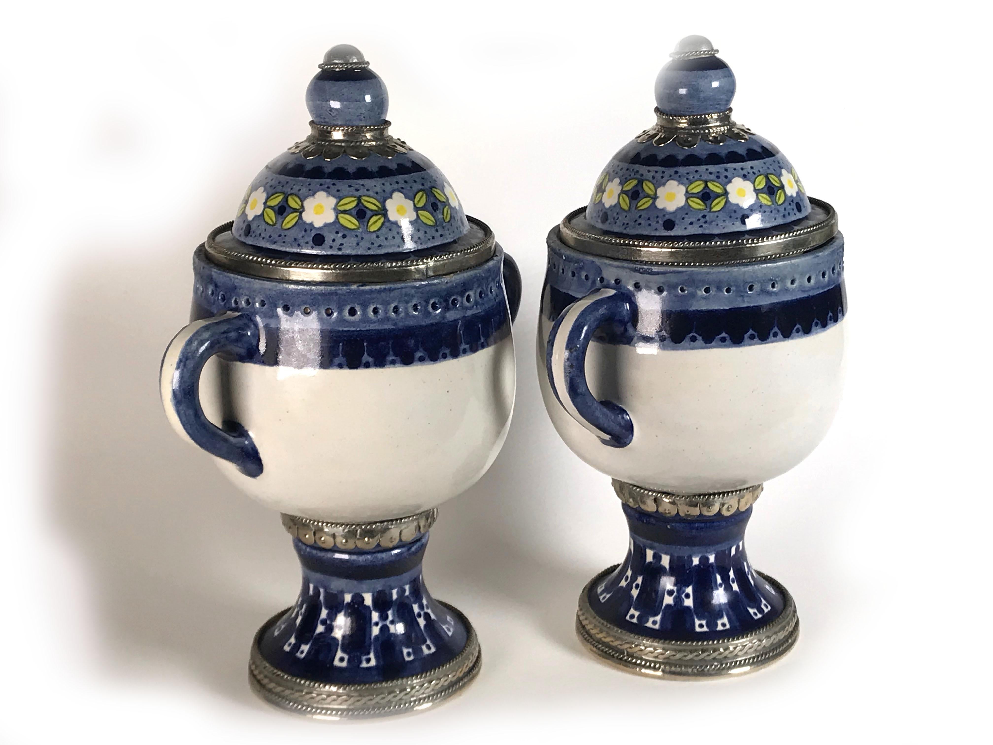 Mexican Ceramic and White Metal 'Alpaca' Pair of Blue and White Jars