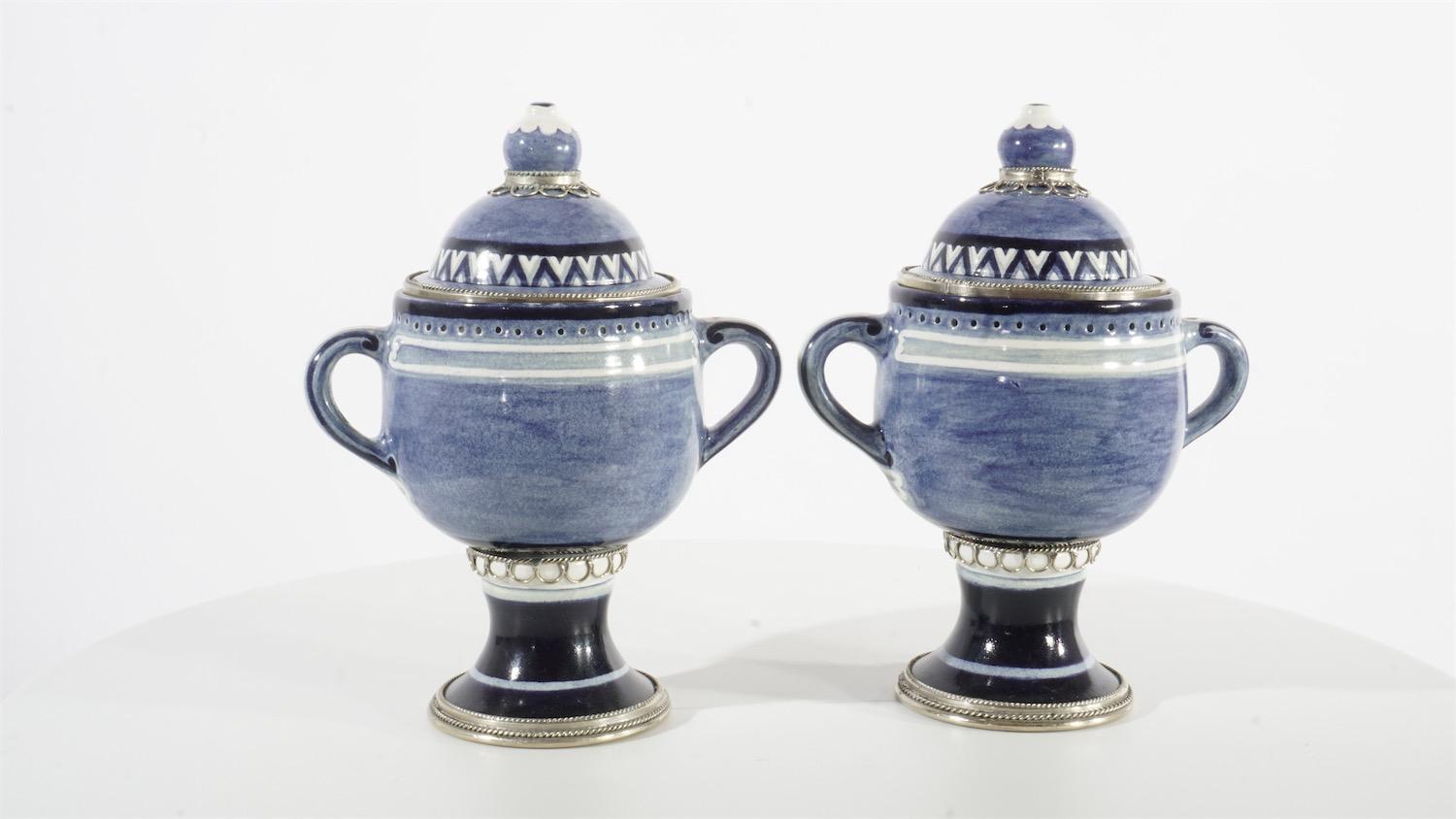 Mexican Ceramic and White Metal 'Alpaca' Pair of Blue and White Jars