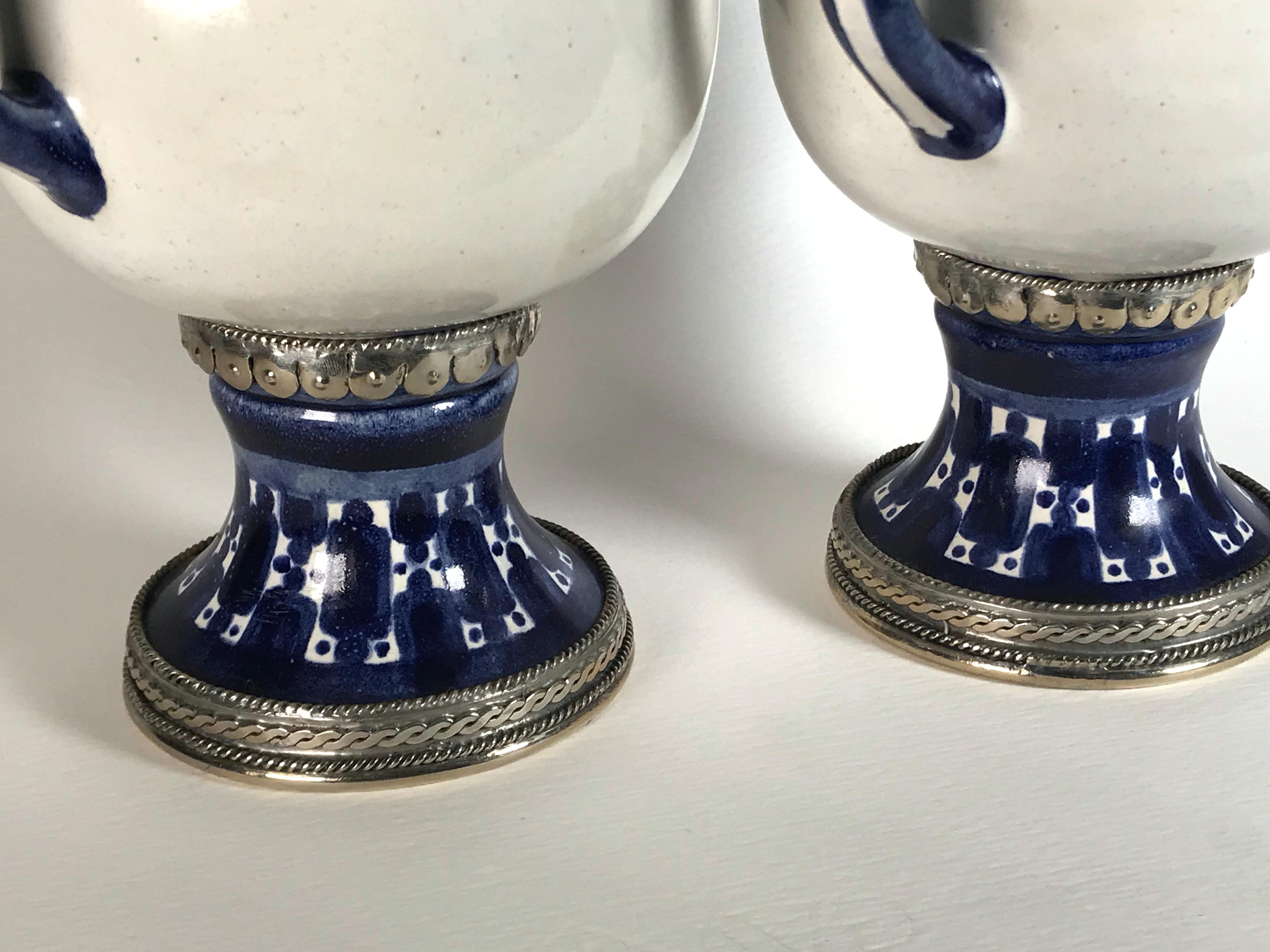 Glazed Ceramic and White Metal 'Alpaca' Pair of Blue and White Jars