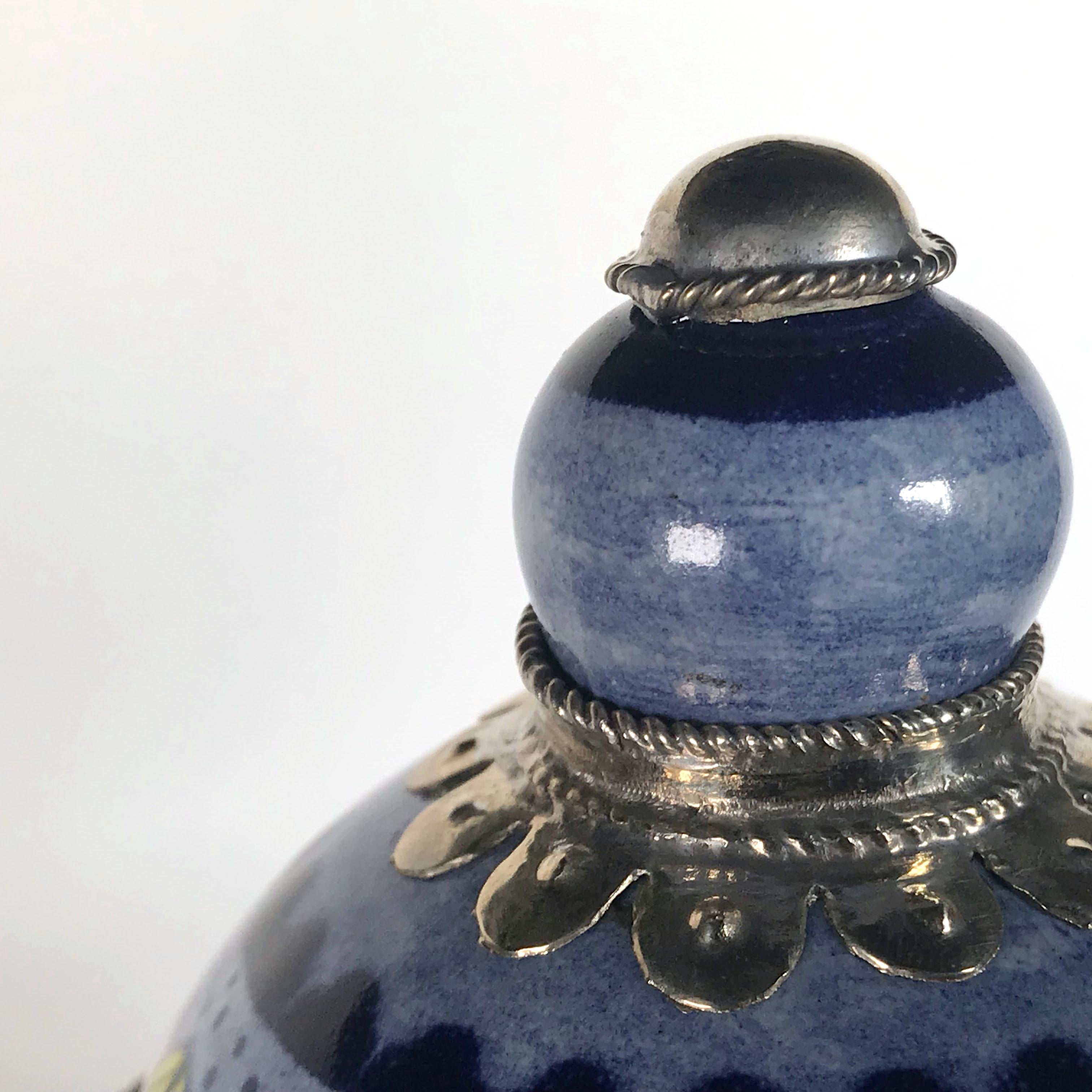 Contemporary Ceramic and White Metal 'Alpaca' Pair of Blue and White Jars