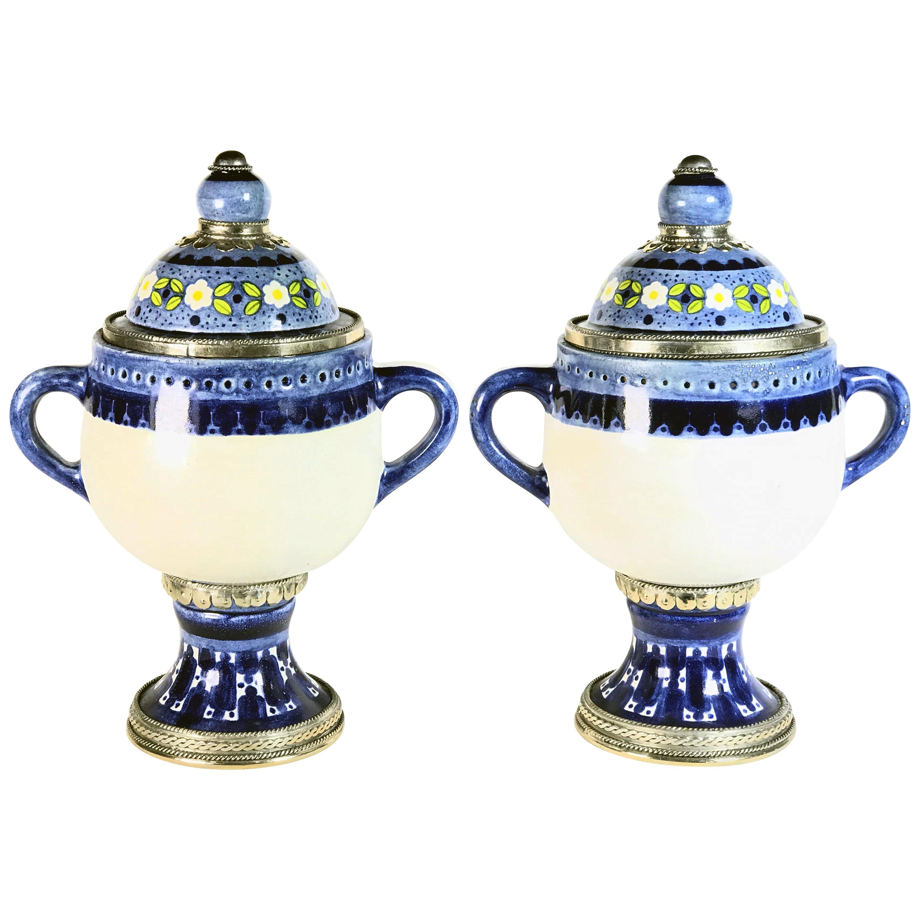 Ceramic and White Metal 'Alpaca' Pair of Blue and White Jars
