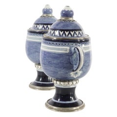 Ceramic and White Metal 
Alpaca
 Pair of Blue and White Jars