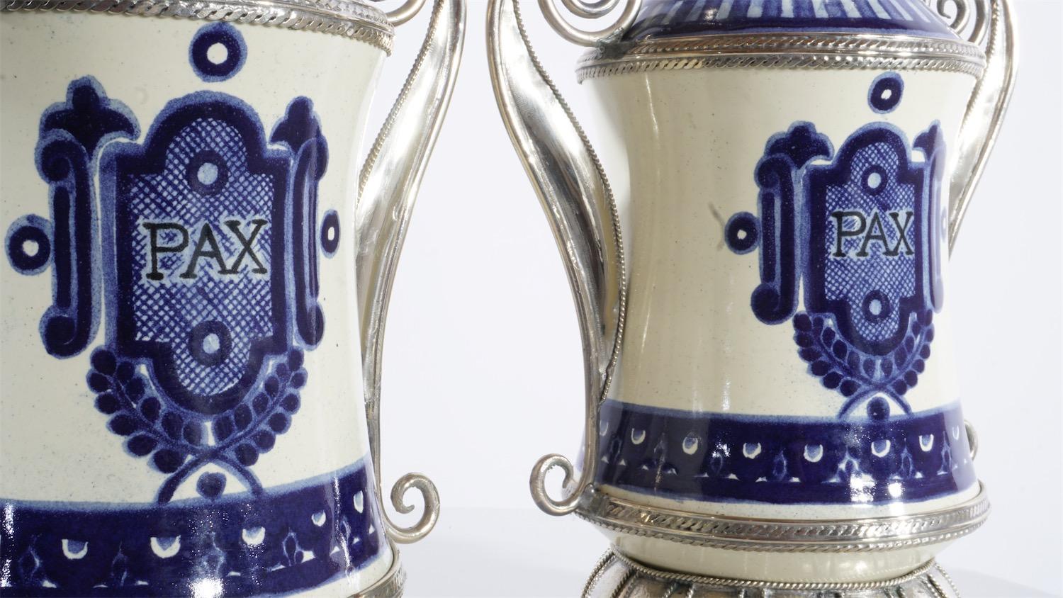 Ceramic and White Metal 'Alpaca' Pair of Blue and White Pharmacy Jars 3
