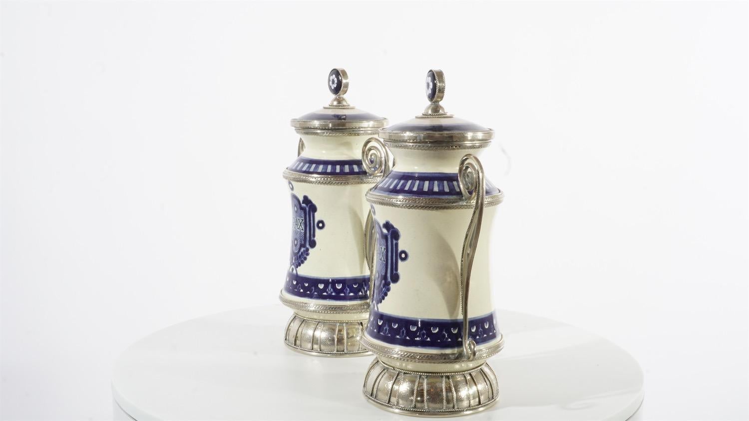 Other Ceramic and White Metal 'Alpaca' Pair of Blue and White Pharmacy Jars