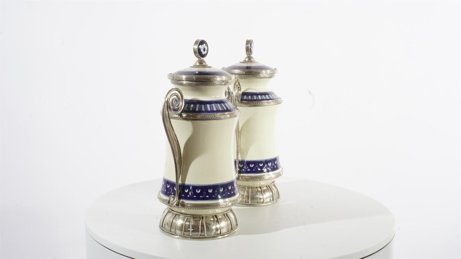 Mexican Ceramic and White Metal 'Alpaca' Pair of Blue and White Pharmacy Jars