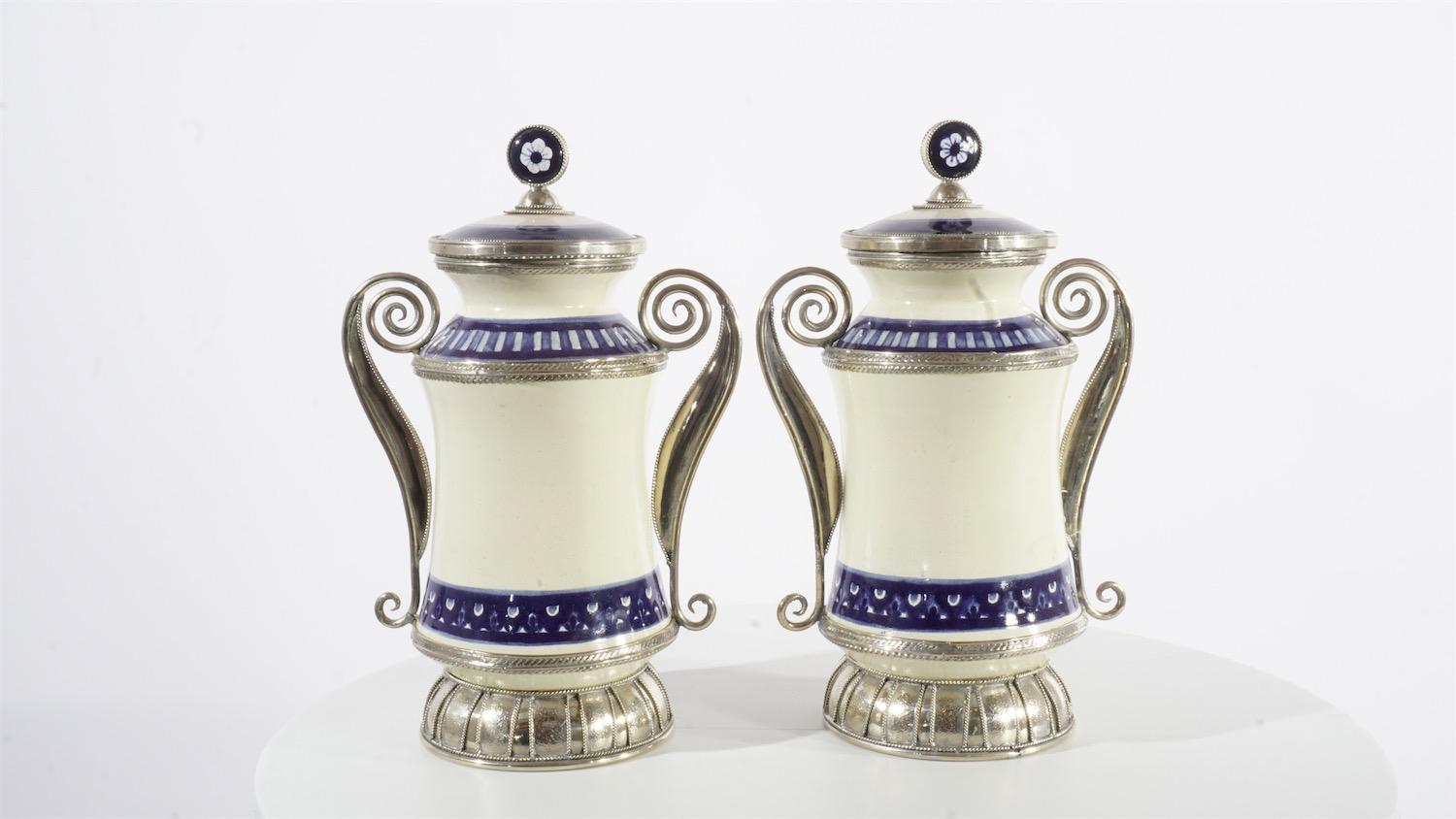 Glazed Ceramic and White Metal 'Alpaca' Pair of Blue and White Pharmacy Jars