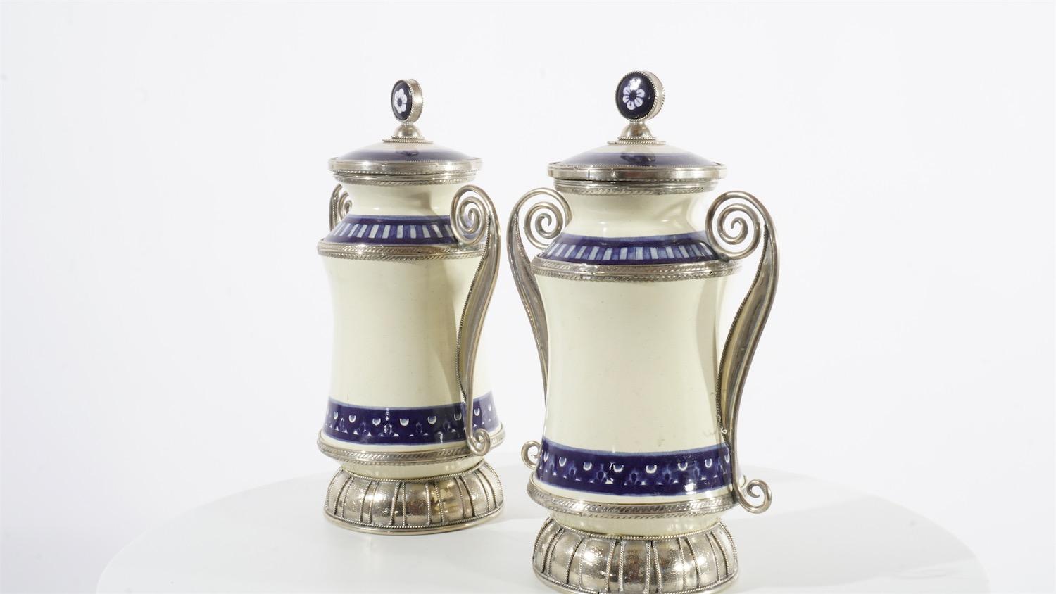 Ceramic and White Metal 'Alpaca' Pair of Blue and White Pharmacy Jars In New Condition In Guadalajara, Jalisco