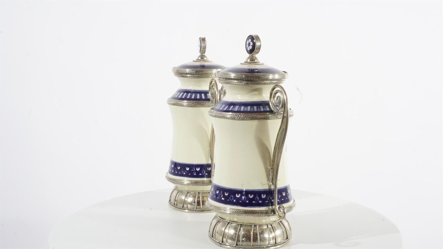 Contemporary Ceramic and White Metal 'Alpaca' Pair of Blue and White Pharmacy Jars