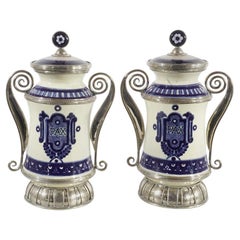 Ceramic and White Metal 
Alpaca
 Pair of Blue and White Pharmacy Jars