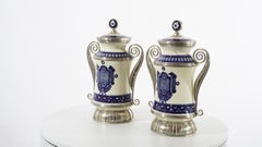 Ceramic and White Metal 'Alpaca' Pair of Blue and White Pharmacy Jars