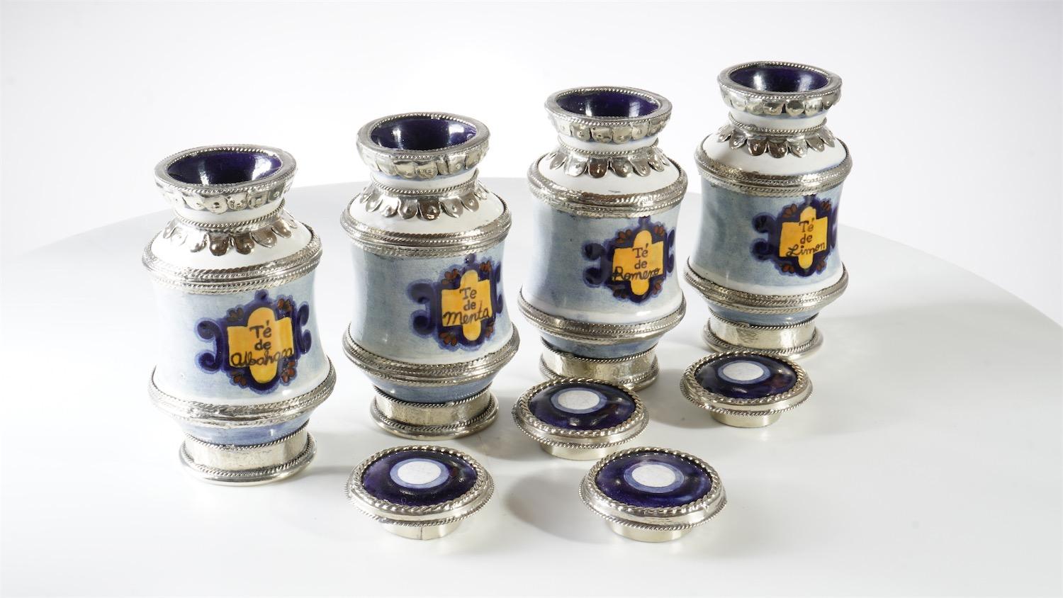 Always unique pieces is what you are going to hear about Jesus Guerrero Santo's work, all the pieces are handmade and created one by one it takes months to produce each peace.
This ceramic and white metal (alpaca) Pharmacy Jars, was created in