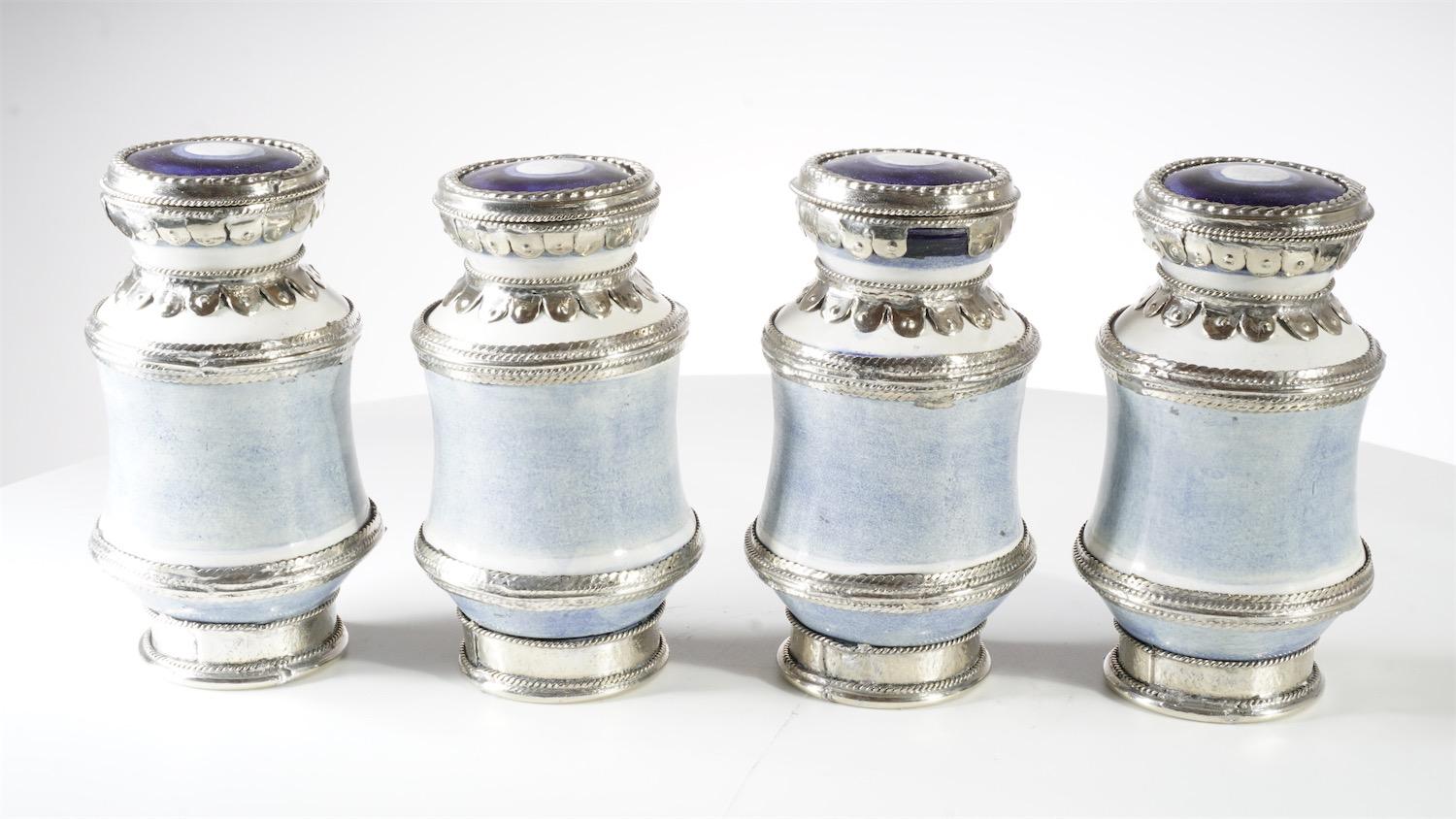 Other Ceramic and White Metal 'Alpaca' Set of  4 Pharmacy Jars