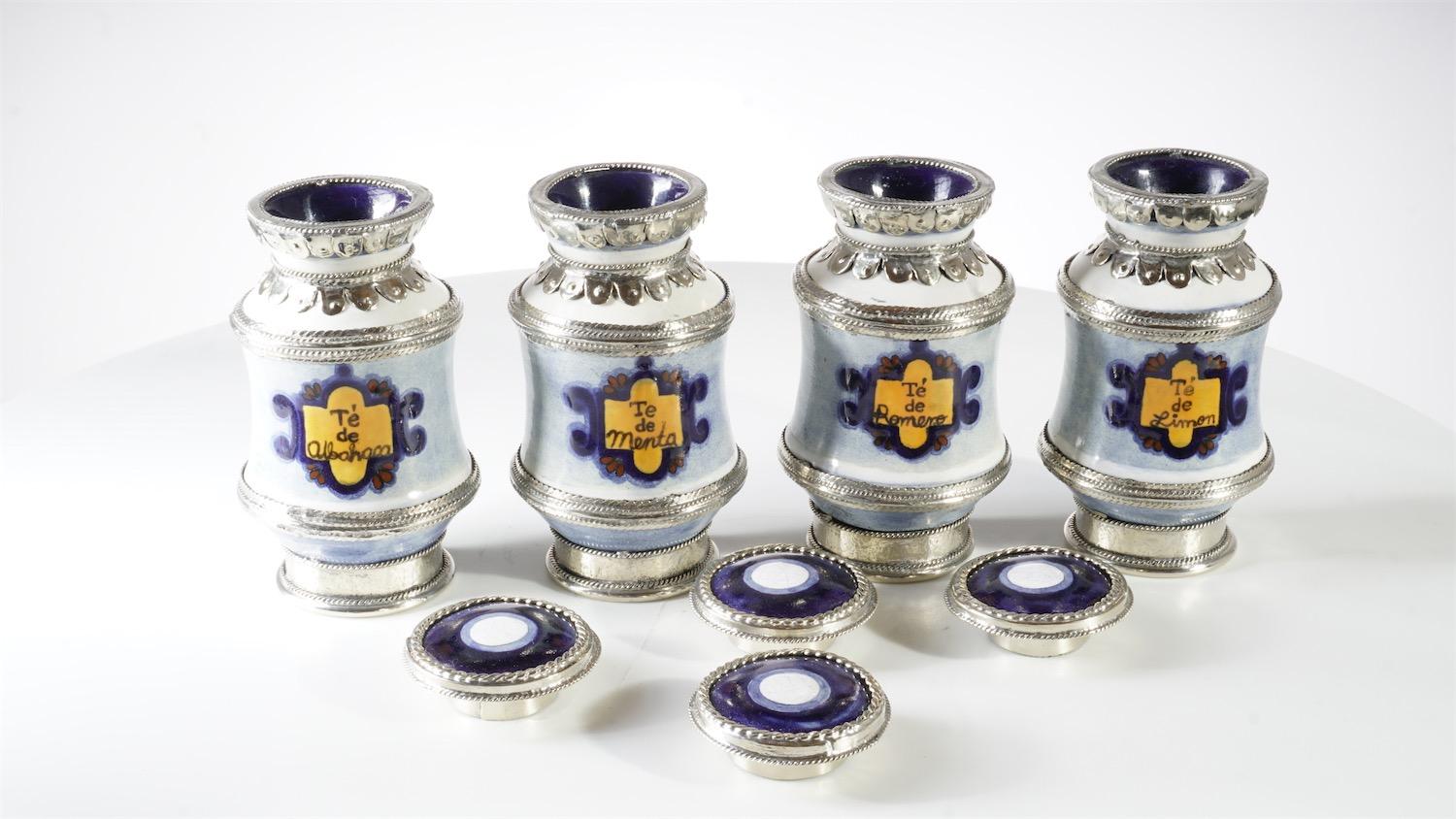 Mexican Ceramic and White Metal 'Alpaca' Set of  4 Pharmacy Jars