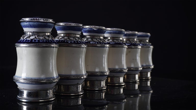 Always unique pieces is what you are going to hear about Jesus Guerrero Santo's work, all the pieces are handmade and created one by one it takes months to produce each peace.
This ceramic and white metal (alpaca) Pharmacy Jars, was created in