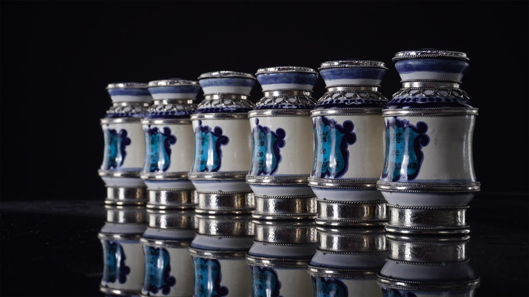 Other Ceramic and White Metal 'Alpaca' Set of 6 Pharmacy Jars For Sale