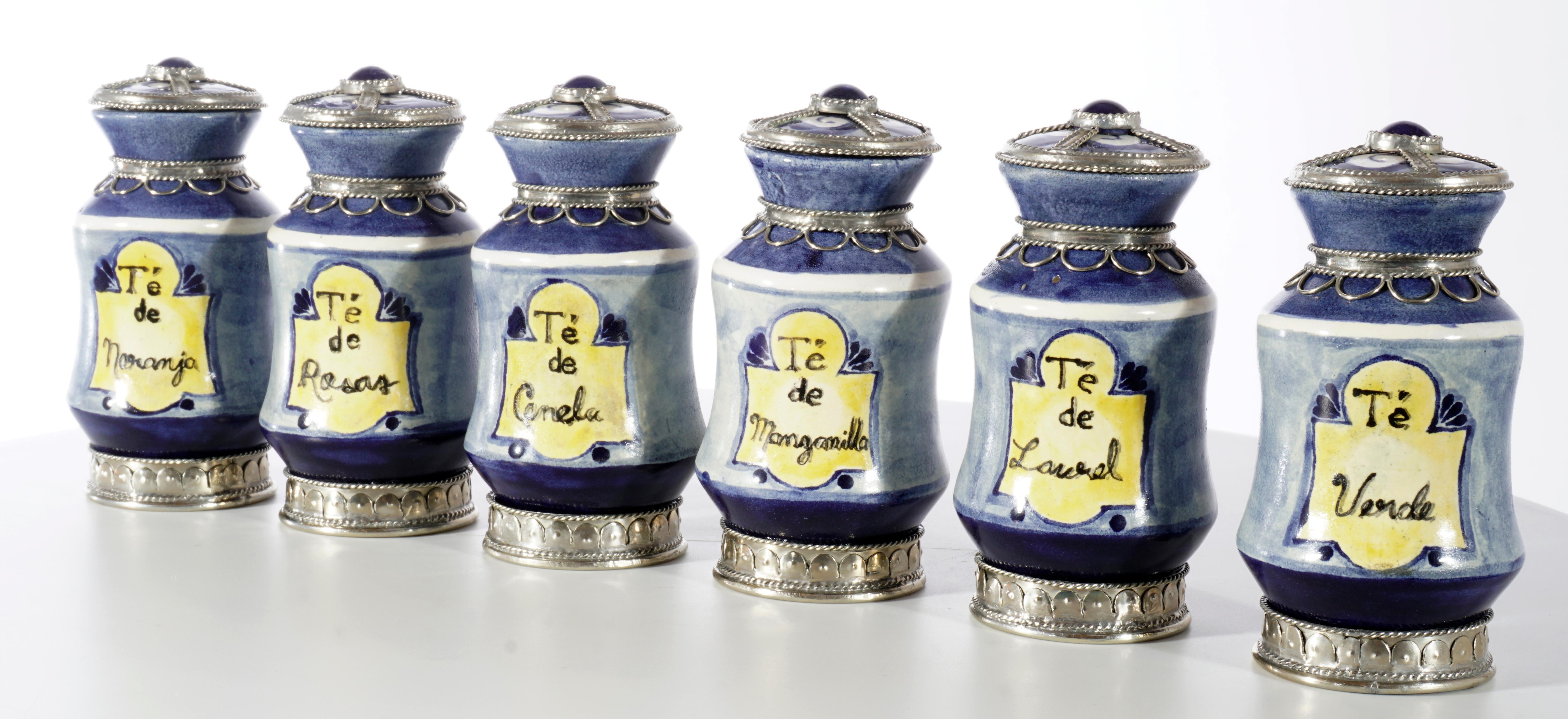 Other Ceramic and White Metal 'Alpaca' Set of  9 Pharmacy Jars