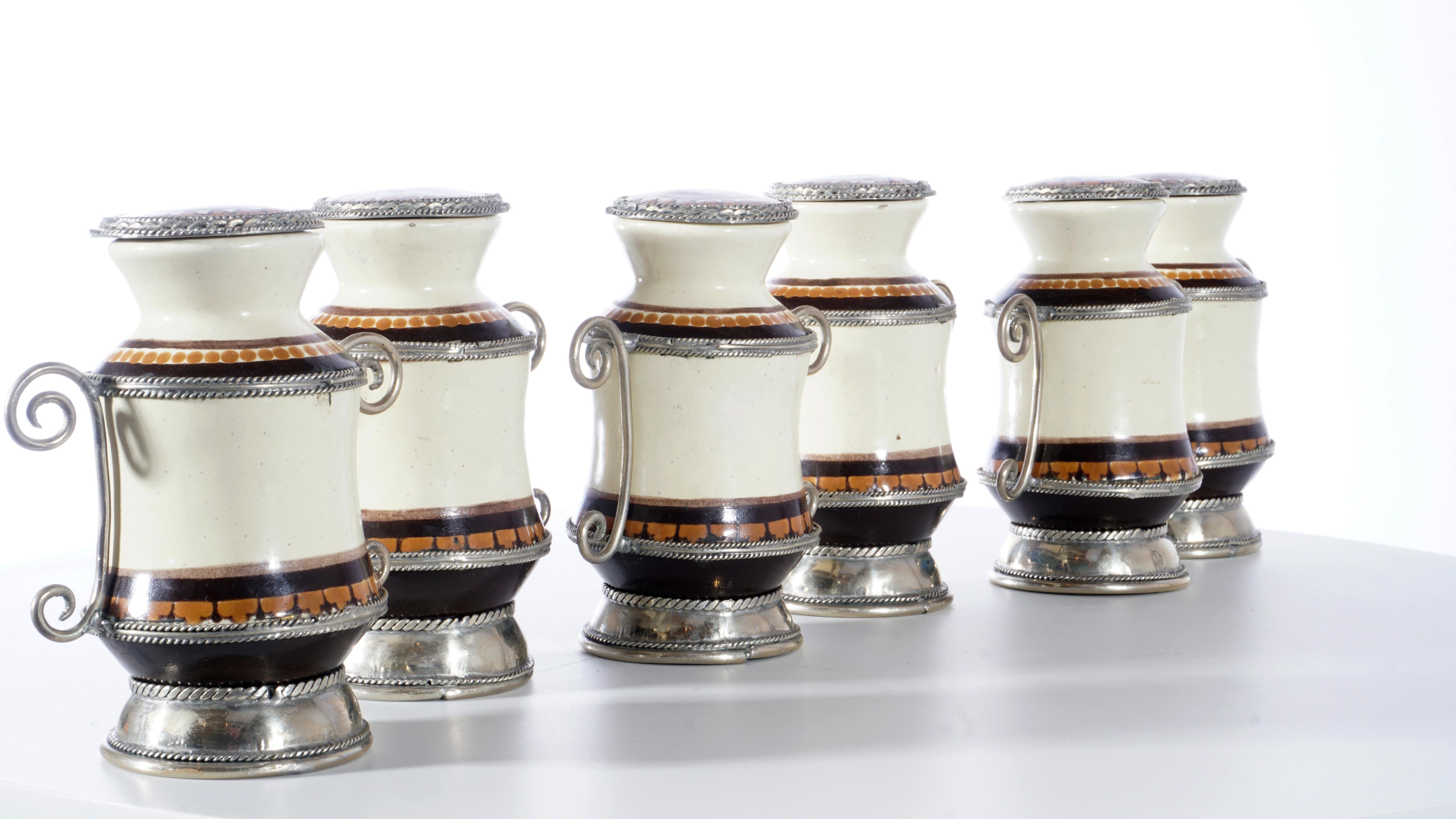 Other Ceramic and White Metal 'Alpaca' Set of 9 Pharmacy Jars