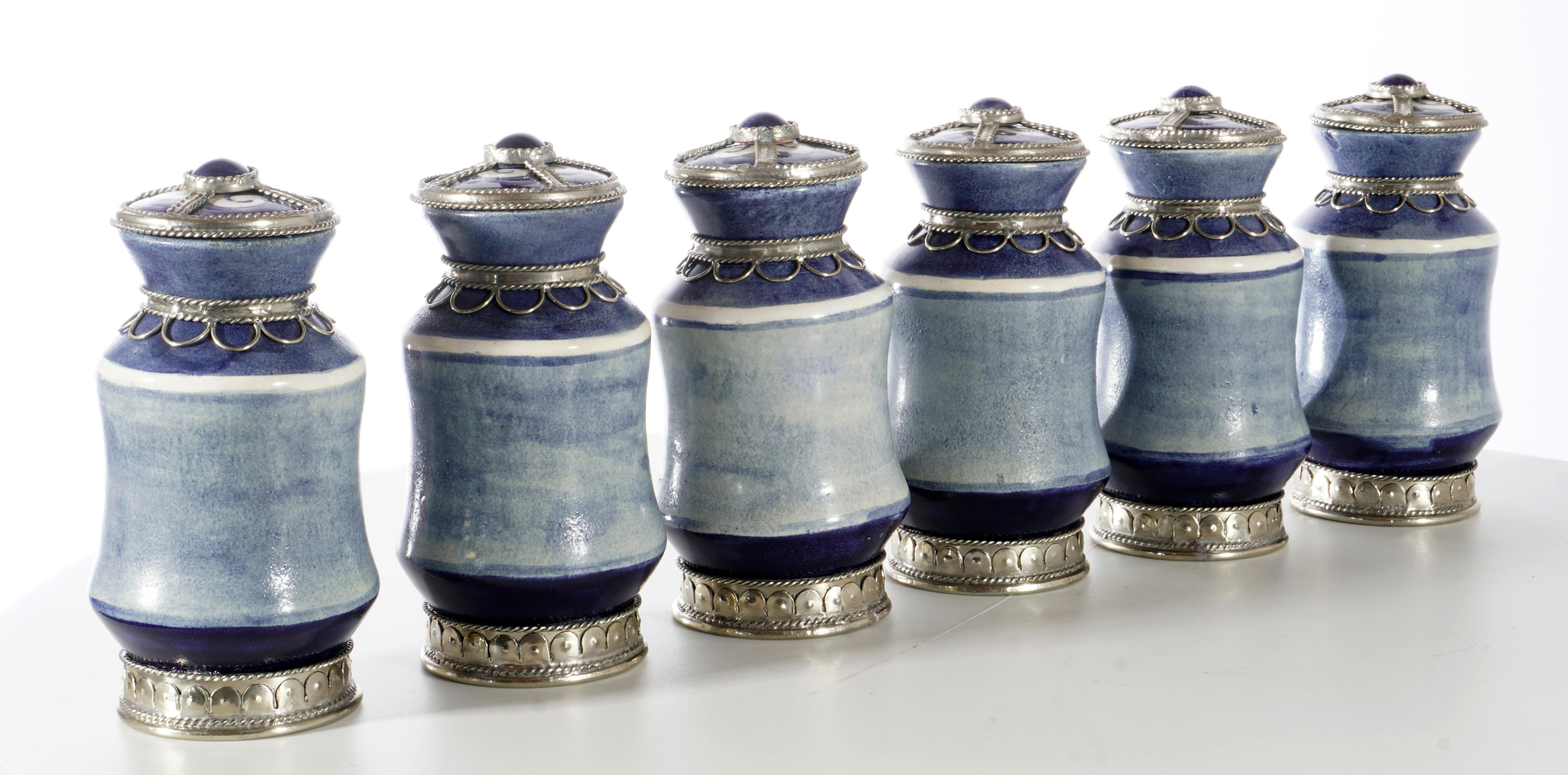 Mexican Ceramic and White Metal 'Alpaca' Set of  9 Pharmacy Jars