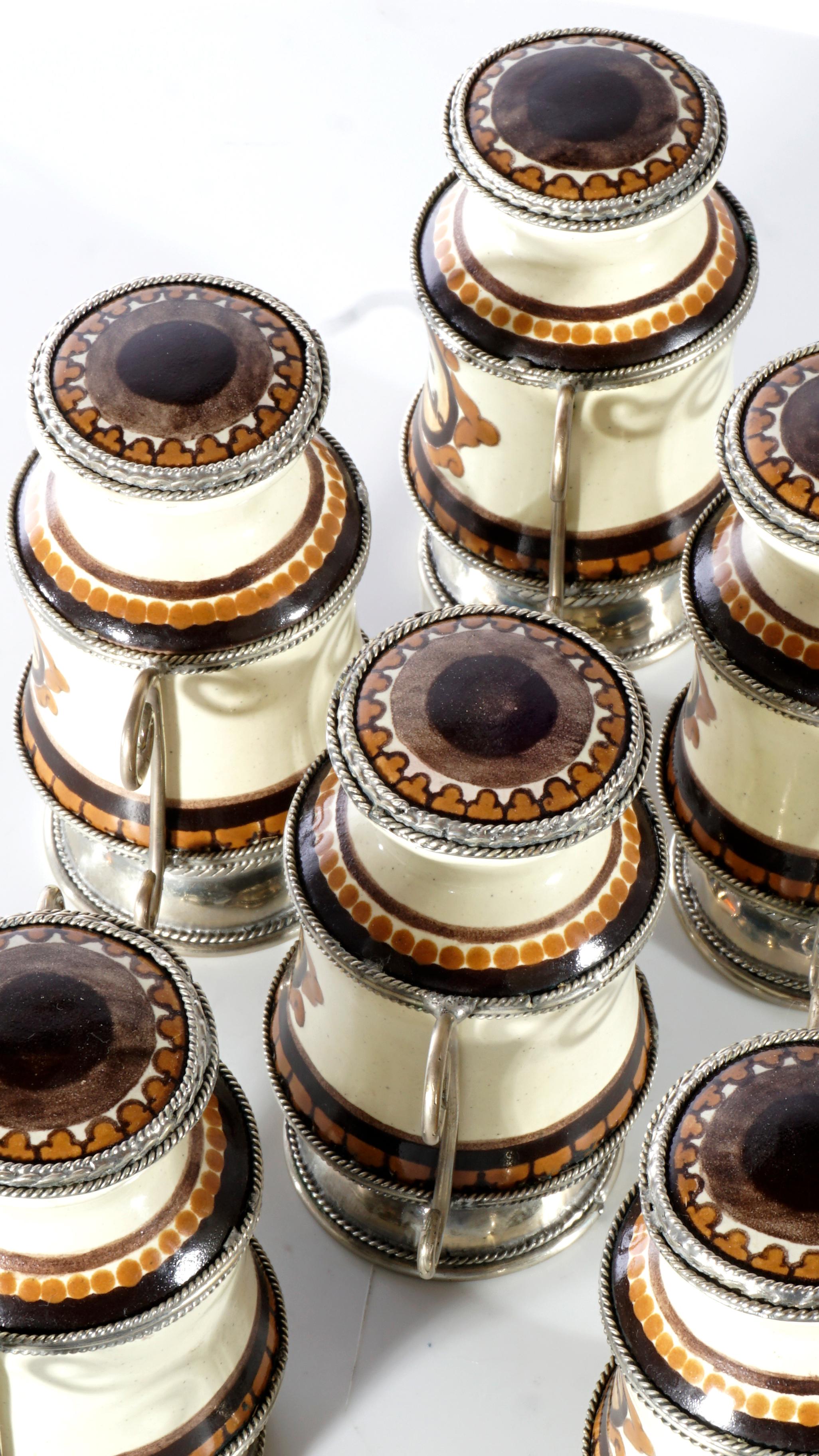 Mexican Ceramic and White Metal 'Alpaca' Set of 9 Pharmacy Jars