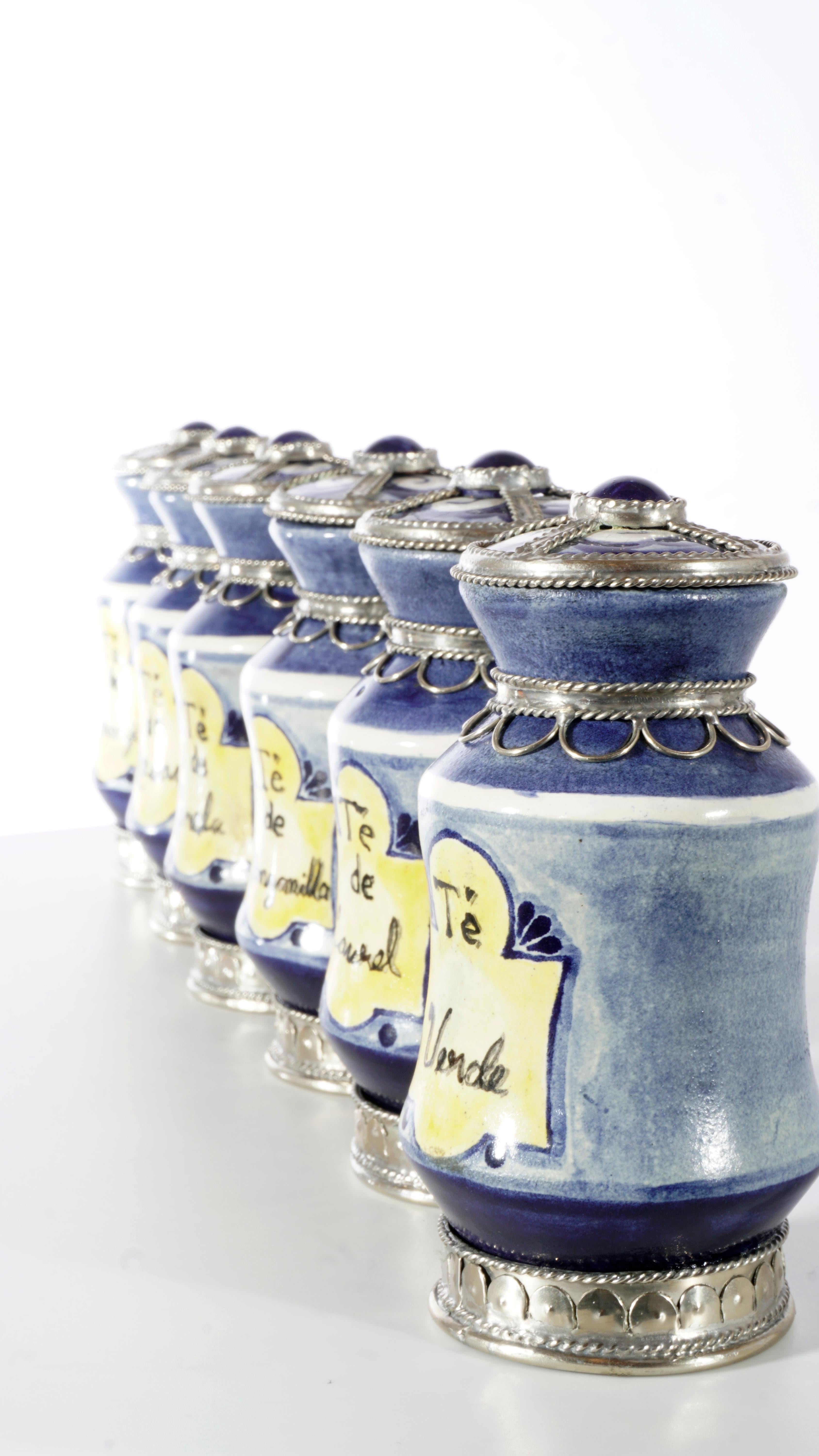 Glazed Ceramic and White Metal 'Alpaca' Set of  9 Pharmacy Jars