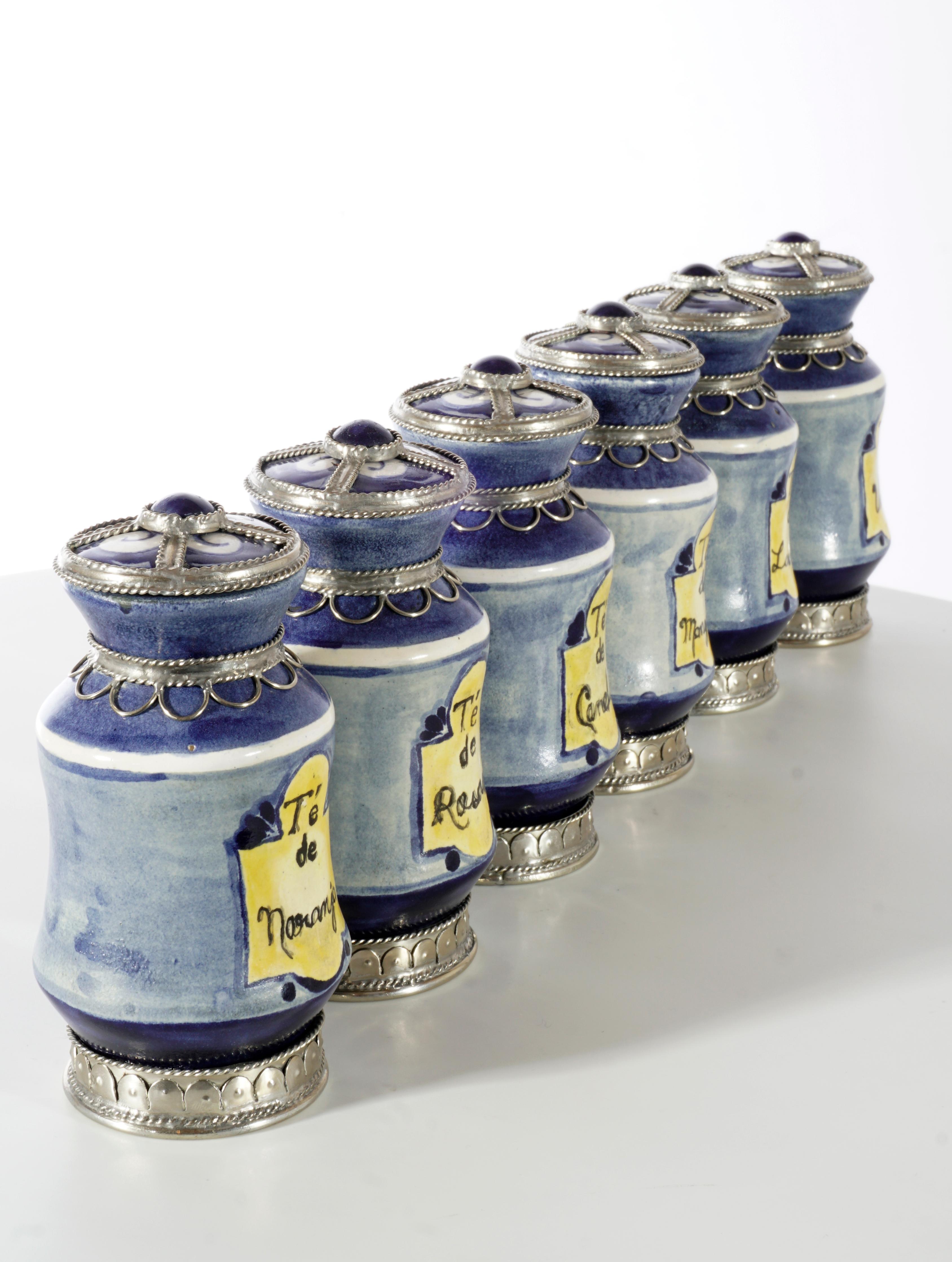 Contemporary Ceramic and White Metal 'Alpaca' Set of  9 Pharmacy Jars