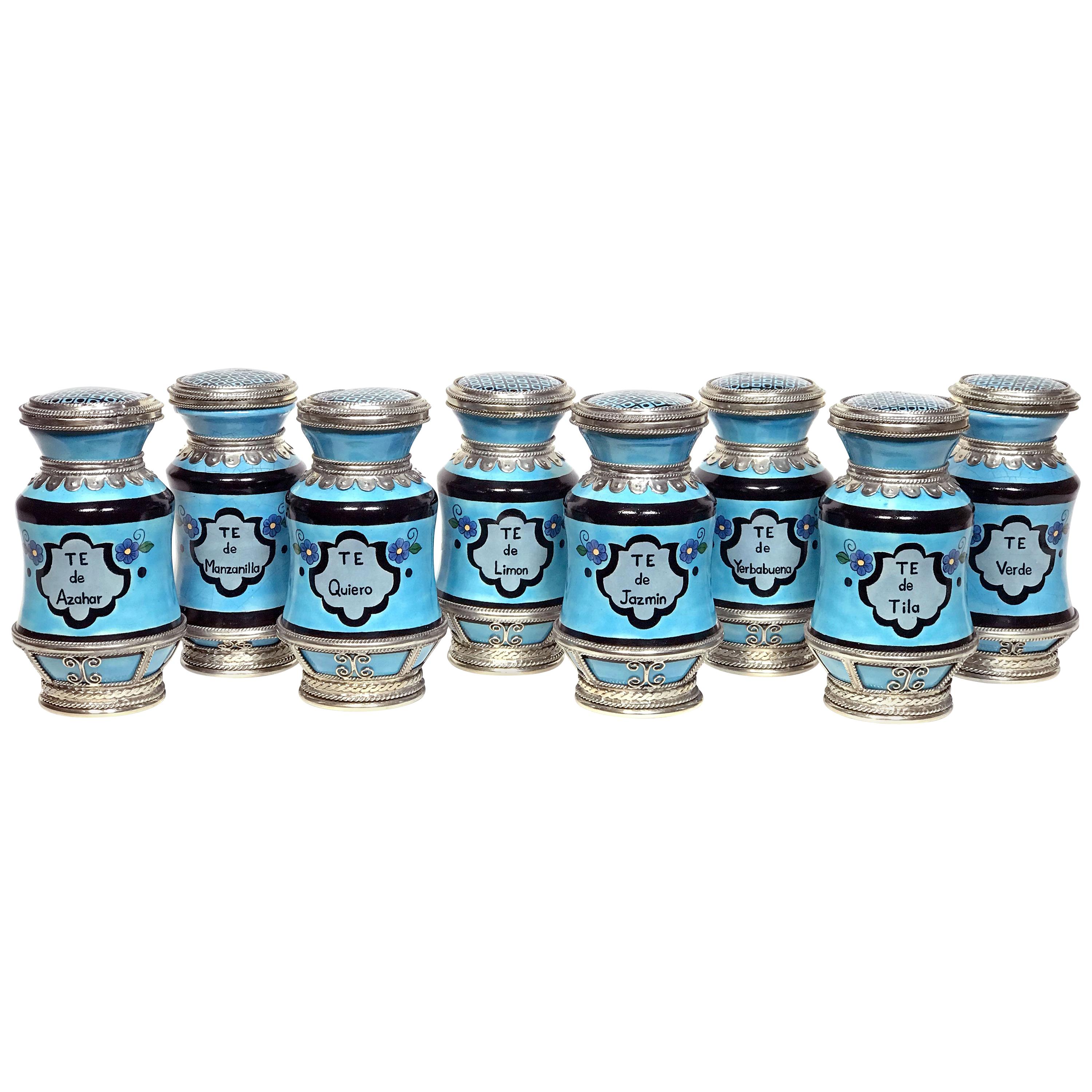 Ceramic and White Metal 'Alpaca' Set of  9 Pharmacy Jars