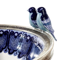 Ceramic and White Metal 'Alpaca' Two Birds Bowl Centrepiece