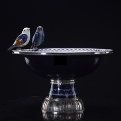 Ceramic and White Metal 'Alpaca' Two Birds Bowl Centrepiece