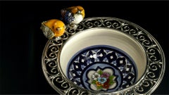 Ceramic and White Metal 'Alpaca' Two Birds Bowl Centrepiece