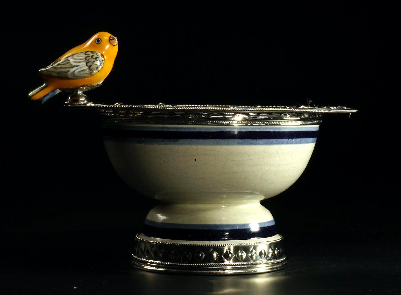 Mexican Ceramic and White Metal 'Alpaca' Two Birds Bowl Centrepiece