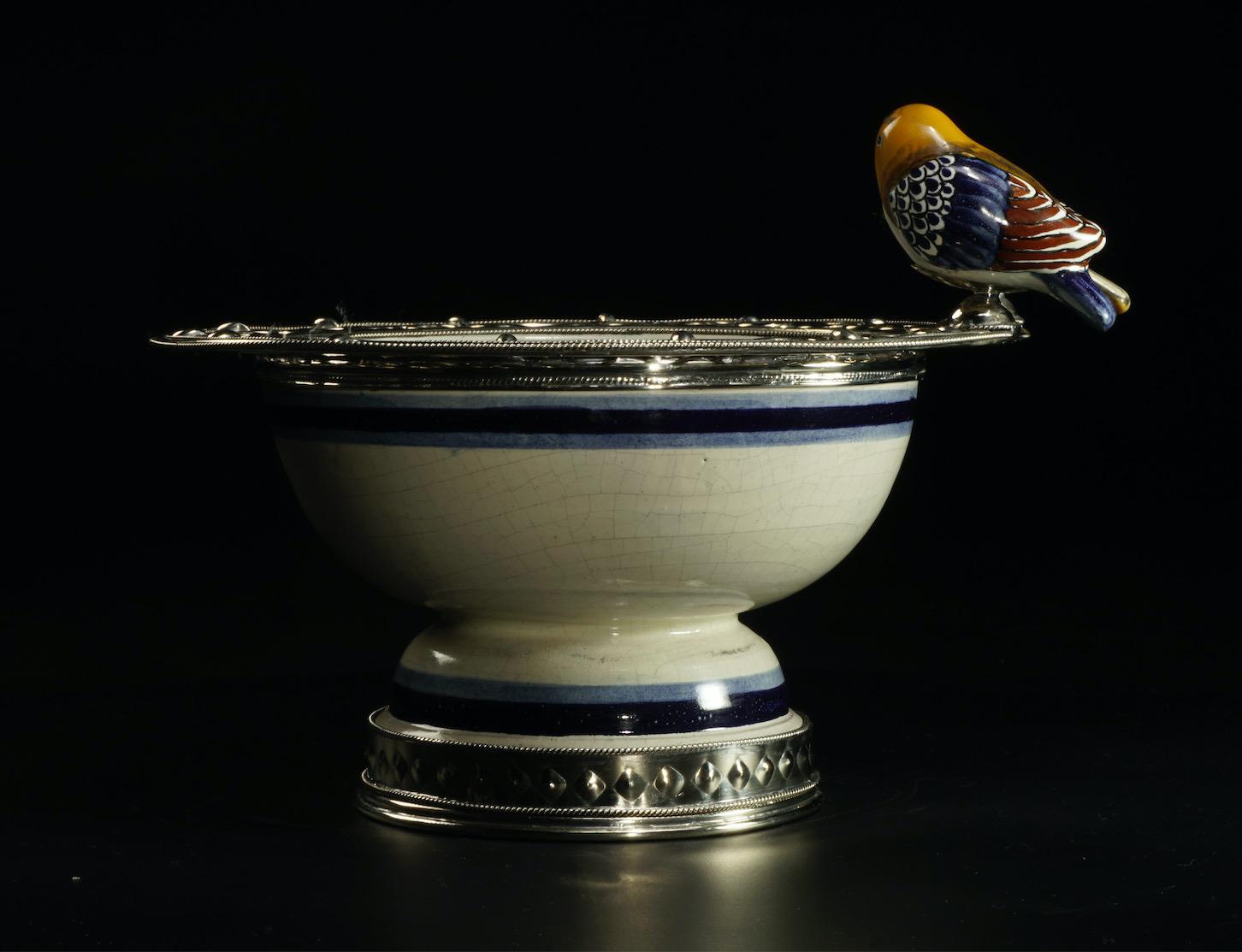 Metalwork Ceramic and White Metal 'Alpaca' Two Birds Bowl Centrepiece