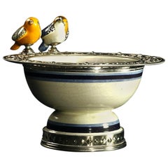 Ceramic and White Metal 'Alpaca' Two Birds Bowl Centrepiece