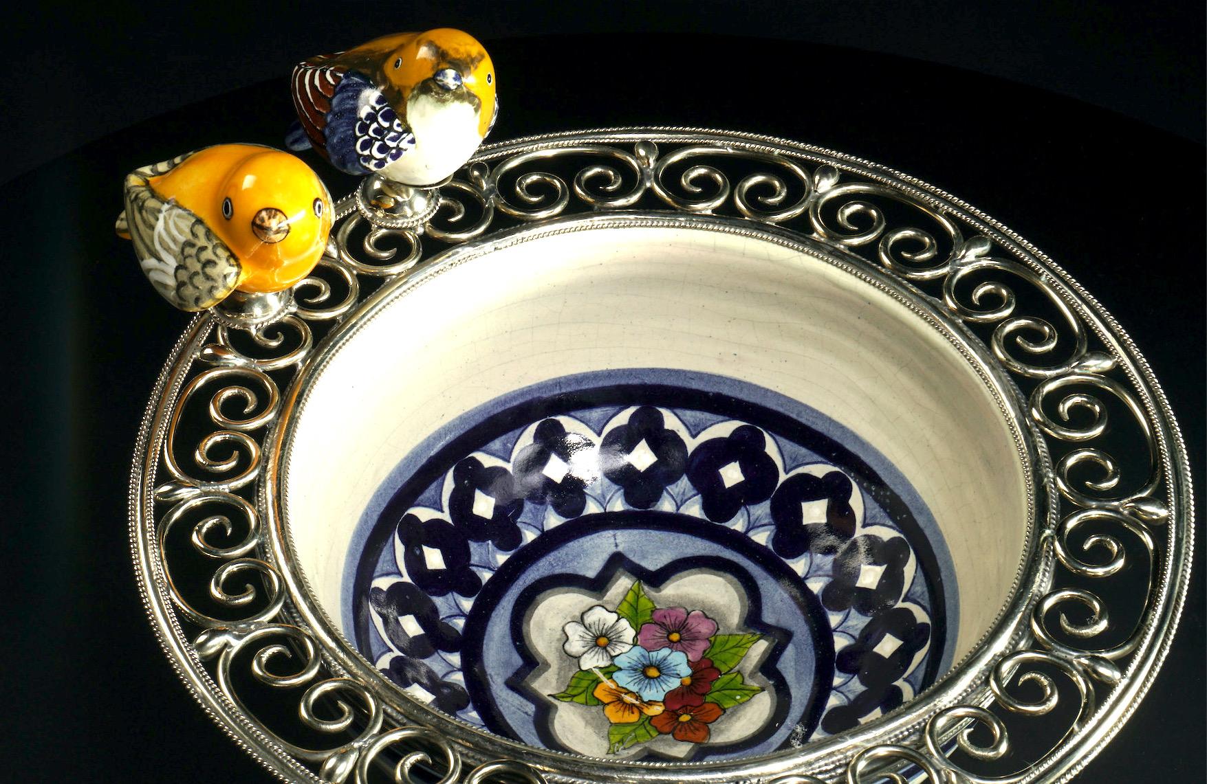 Baroque Revival Ceramic and White Metal 'Alpaca' Two Birds Bowl Centrepiece