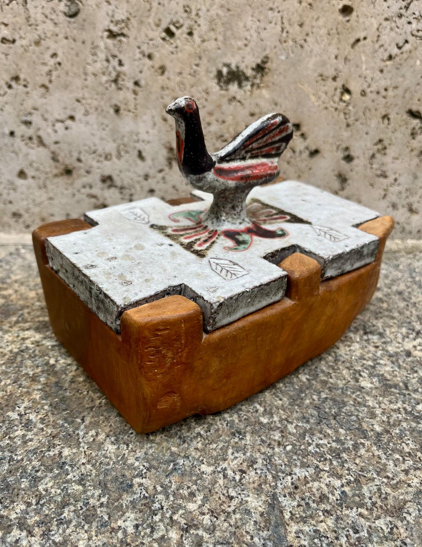 Mid-Century Modern Ceramic and wood box by Jean Derval, Vallauris  circa 1960
