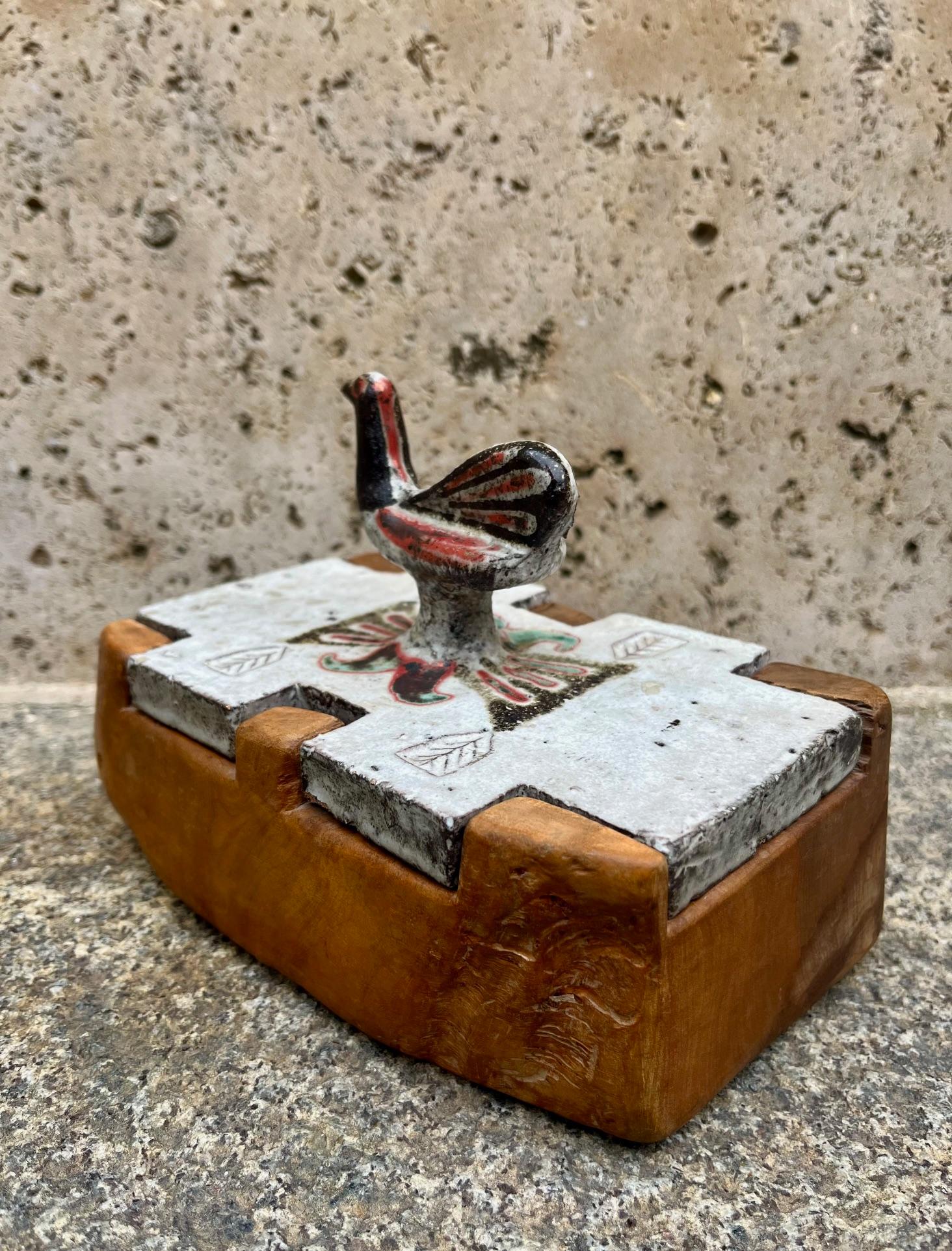 Hand-Carved Ceramic and wood box by Jean Derval, Vallauris  circa 1960