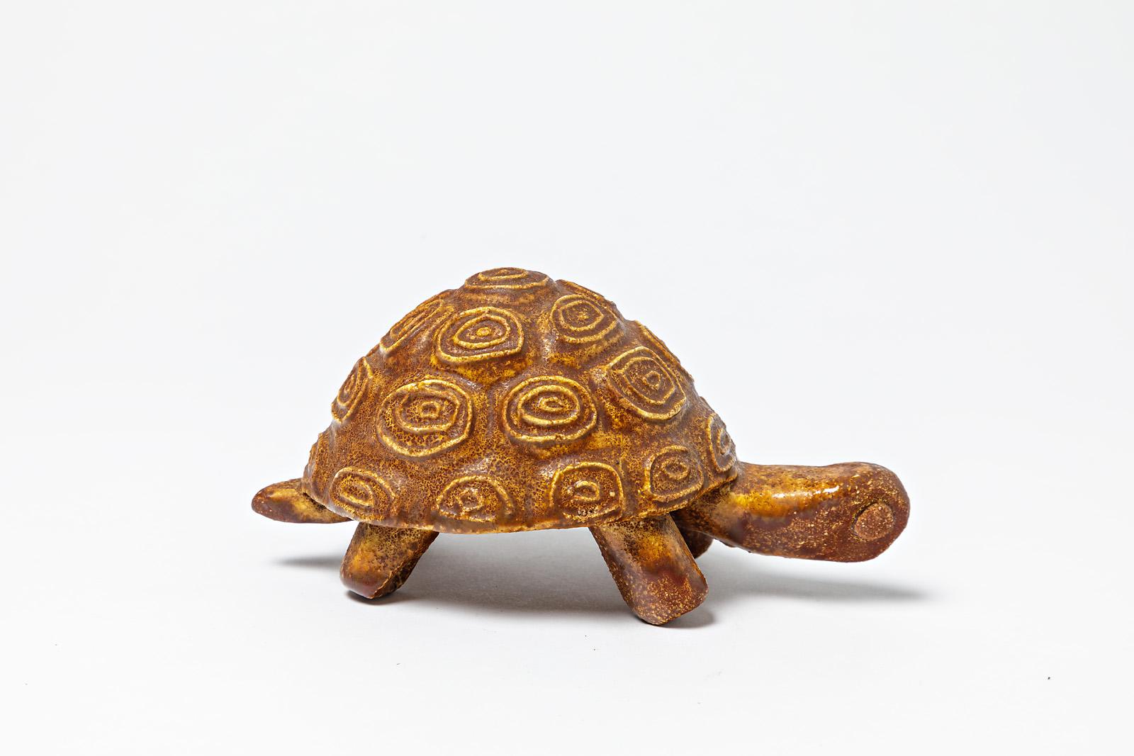 Keramik-Tierskulptur Schildkröte von Accolay, um 1960, Farbe Orange Glasur (Moderne der Mitte des Jahrhunderts) im Angebot