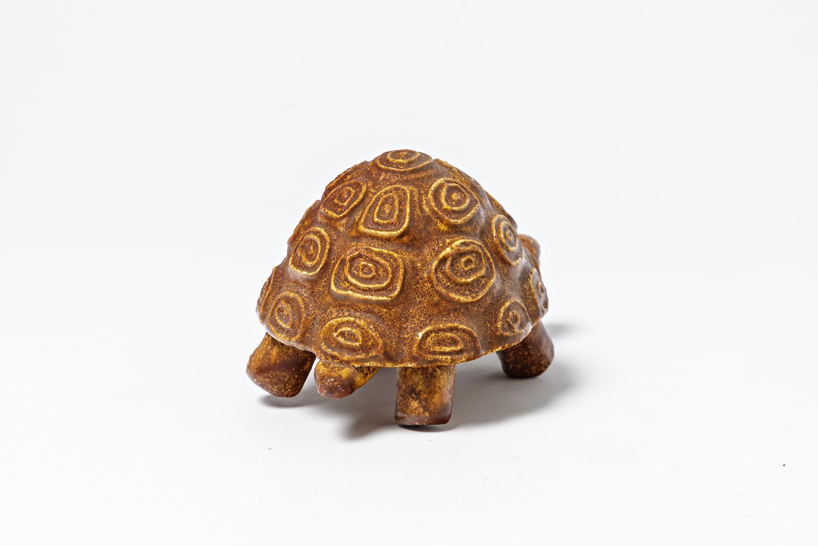 Mid-Century Modern Ceramic Animal Sculpture Turtle by Accolay circa 1960 Orange Glaze Color For Sale