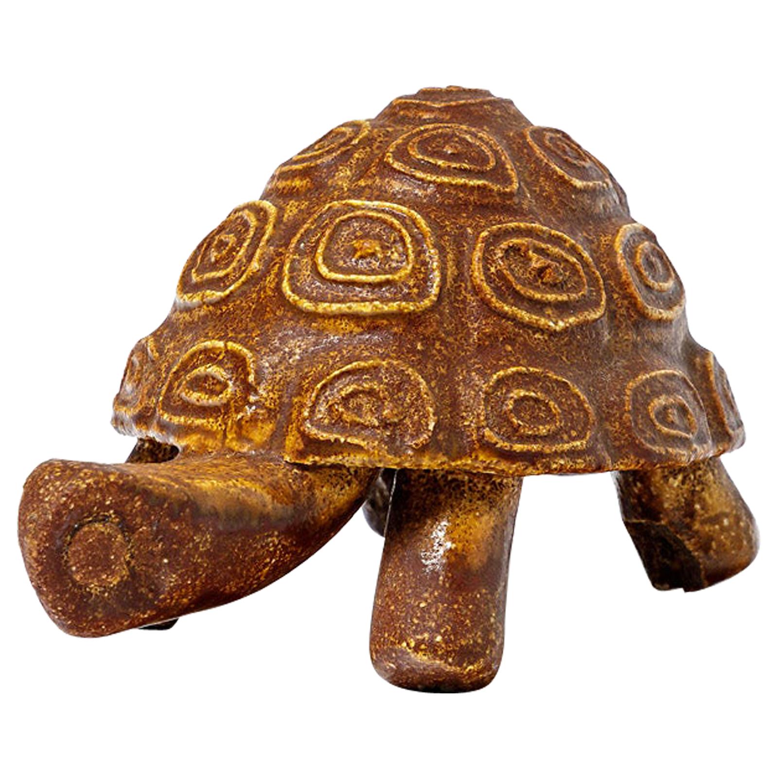 Keramik-Tierskulptur Schildkröte von Accolay, um 1960, Farbe Orange Glasur im Angebot