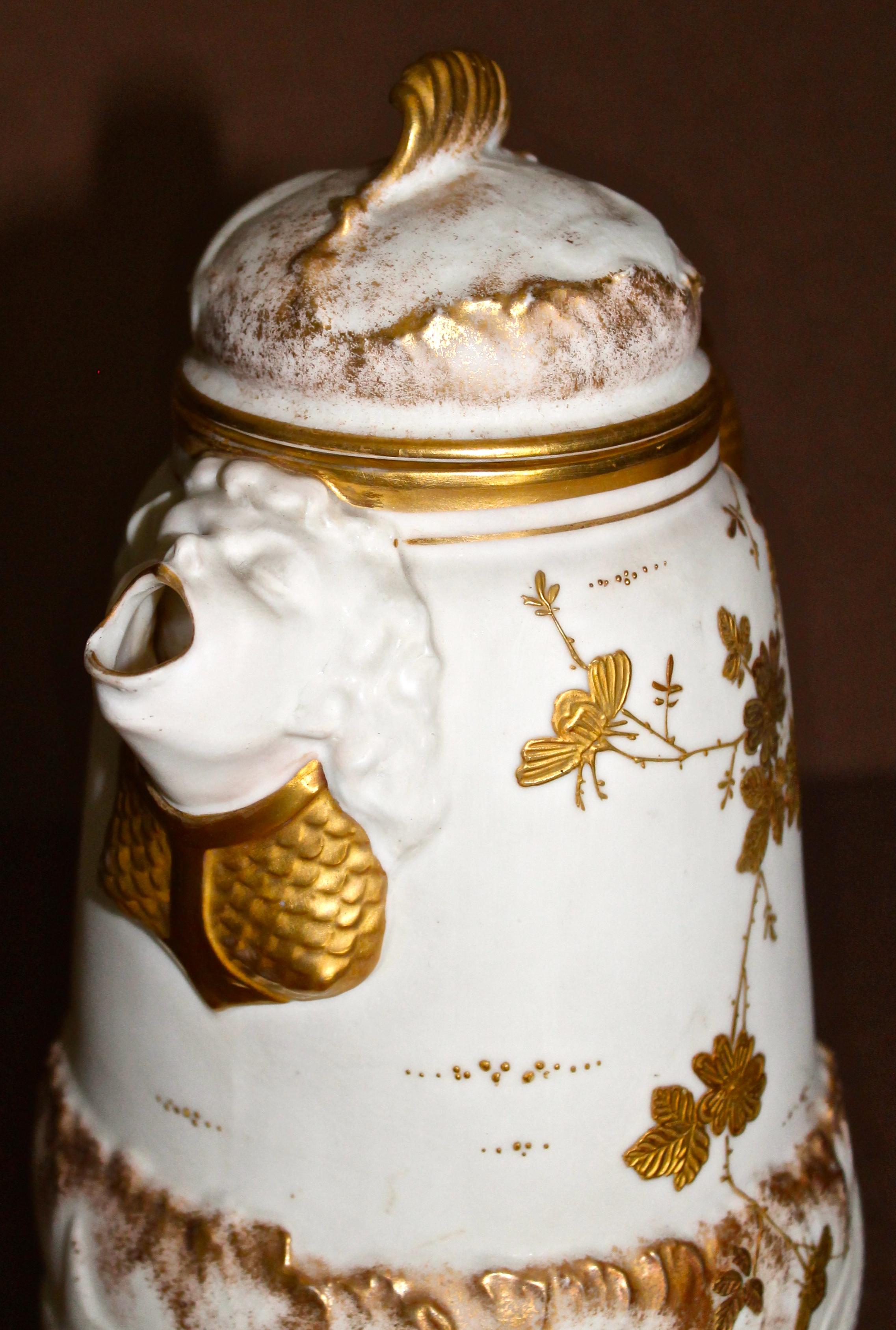 Gilt Ceramic Art Company C.A.C. (Ott & Brewer)  Belleek Mocha Pot For Sale