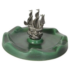 Ceramic Art Deco Ashtray with Nickel Ship Centerpiece by Upsala-Ekeby, SWE 1930s