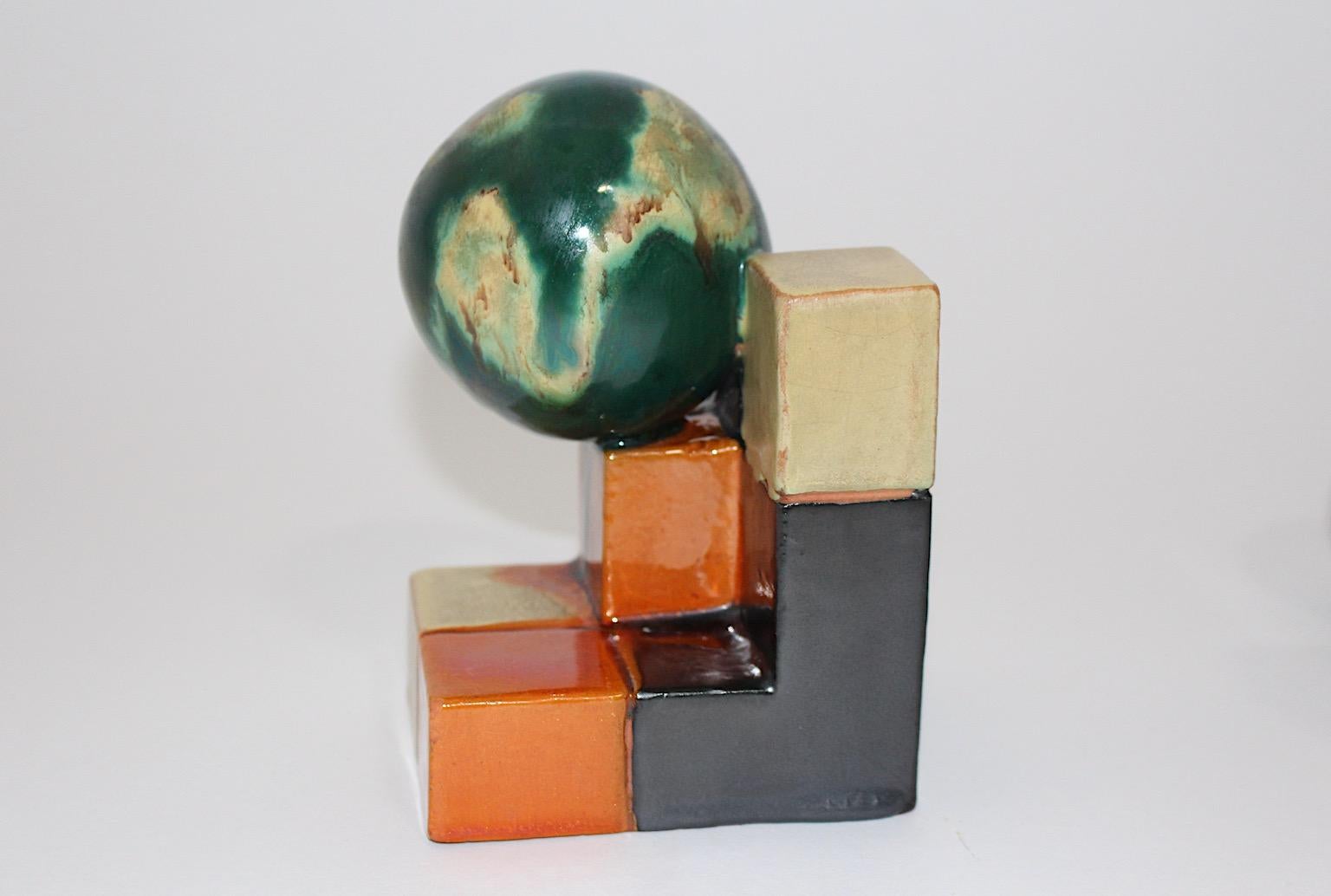 Keramik-Art-déco-Buchstützen, grün-orange, 1920, Deutschland im Angebot 8