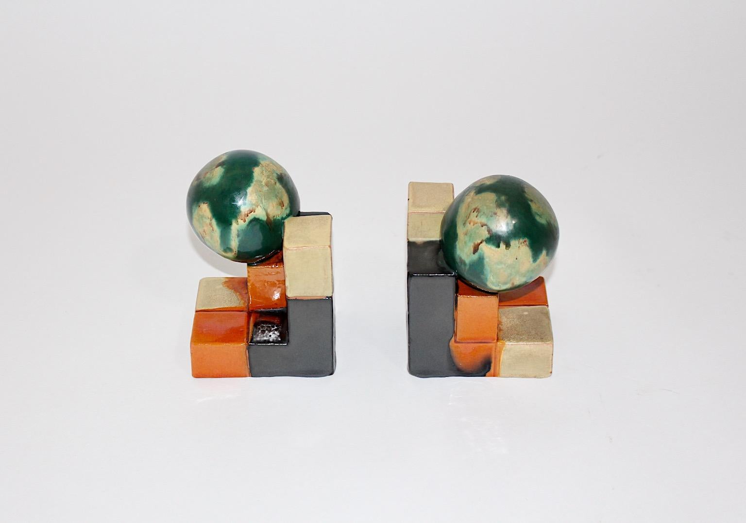 Ceramic Art Deco Attributed Vintage Bookends Green Orange, 1920, Germany For Sale 13